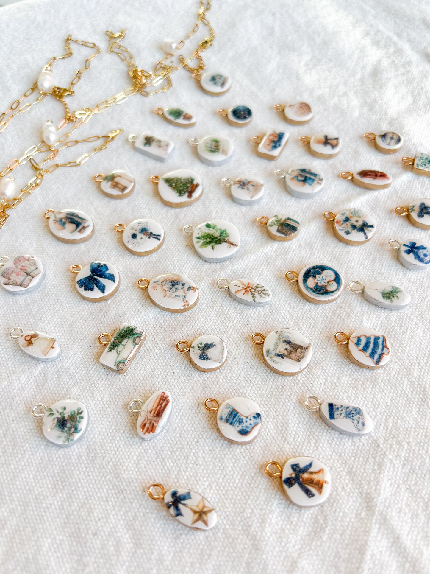 Blue Christmas Themed Transfer Paper Designed Polymer Clay Charms