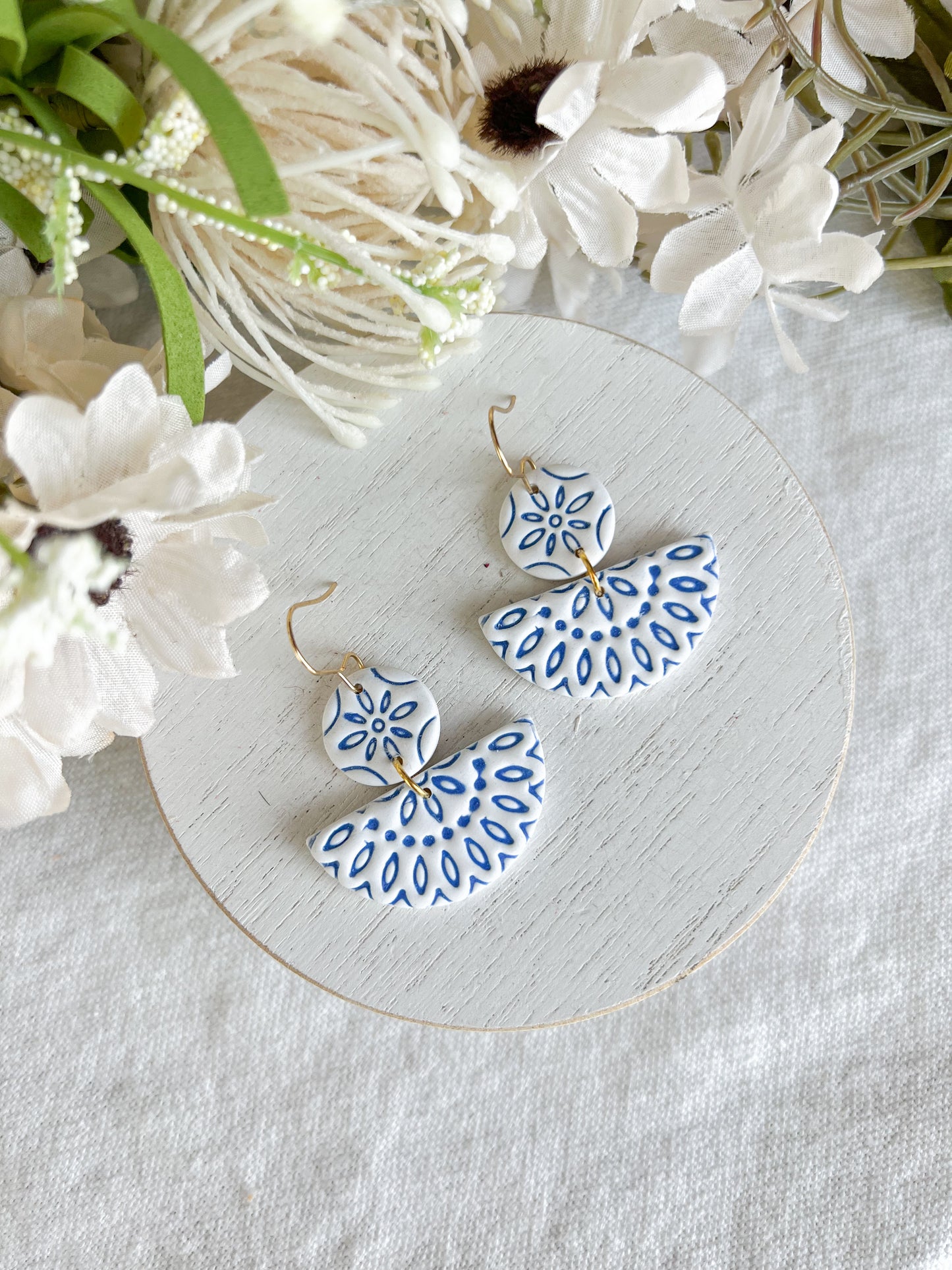Decorative Embossed Blue Tile Polymer Clay Earrings