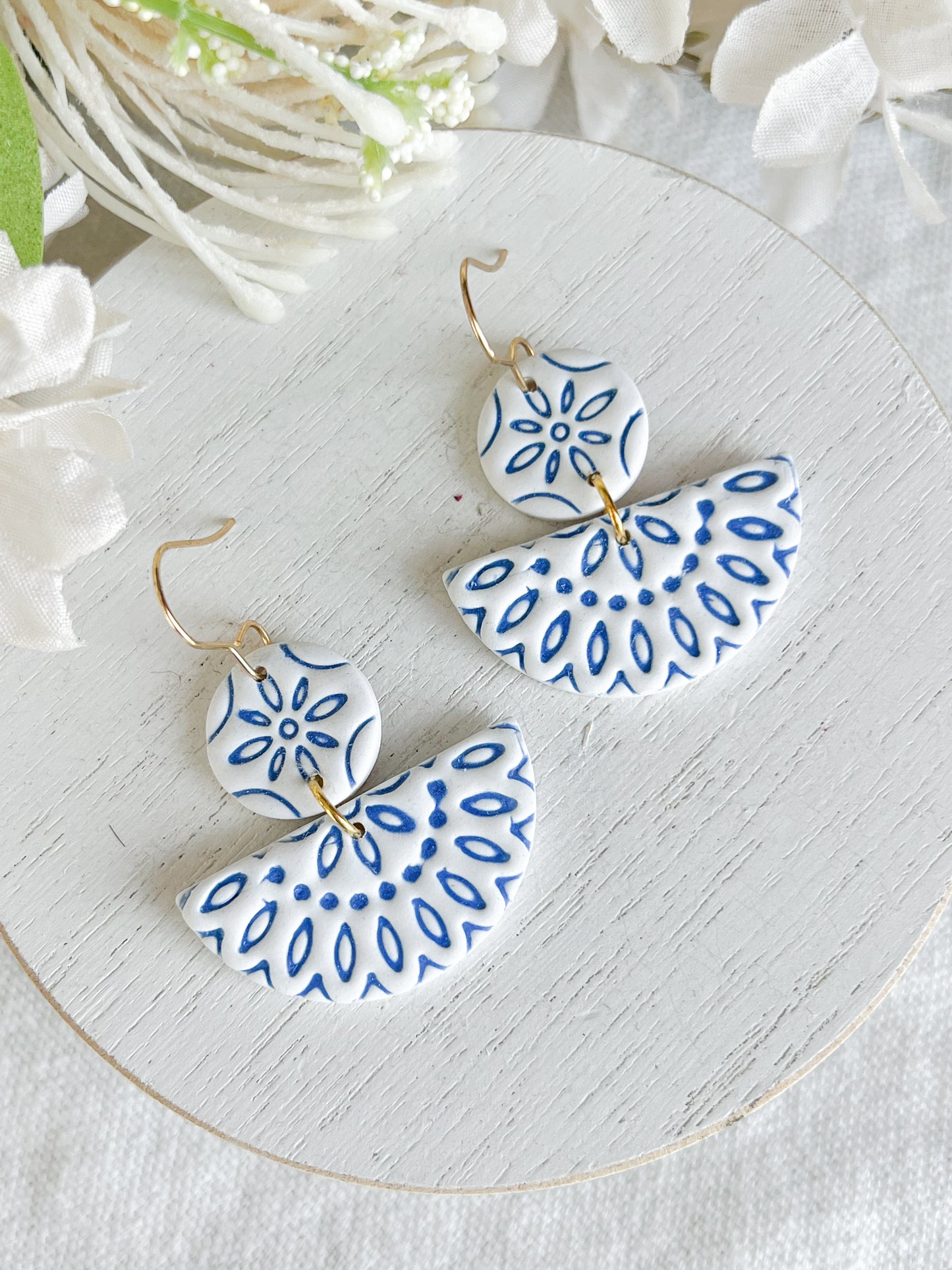 Decorative Embossed Blue Tile Polymer Clay Earrings
