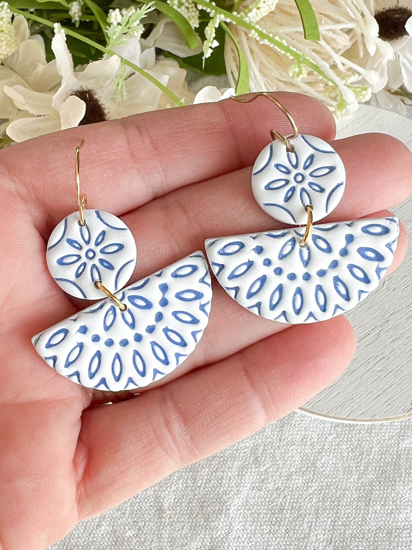Decorative Embossed Blue Tile Polymer Clay Earrings