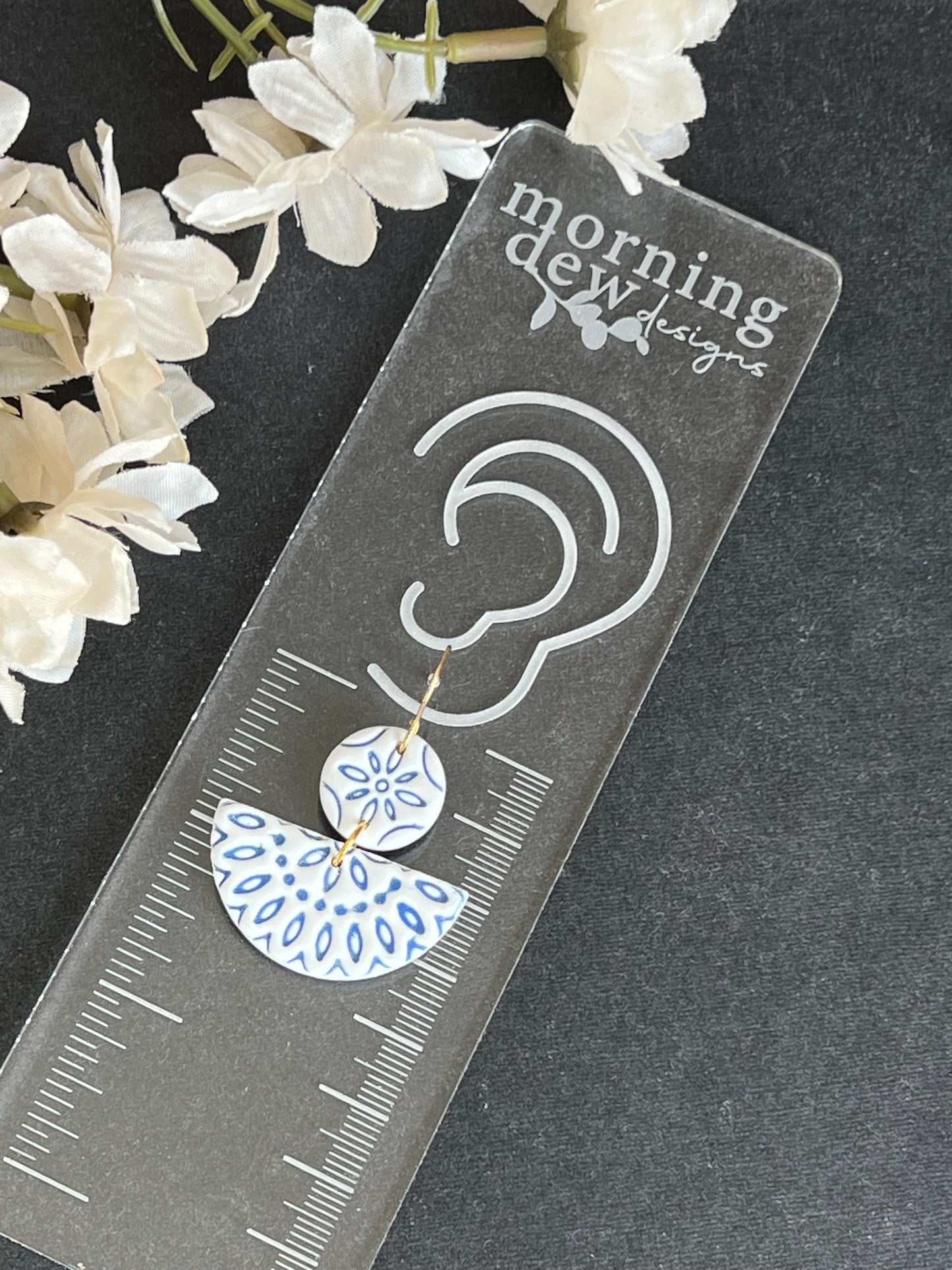 Decorative Embossed Blue Tile Polymer Clay Earrings