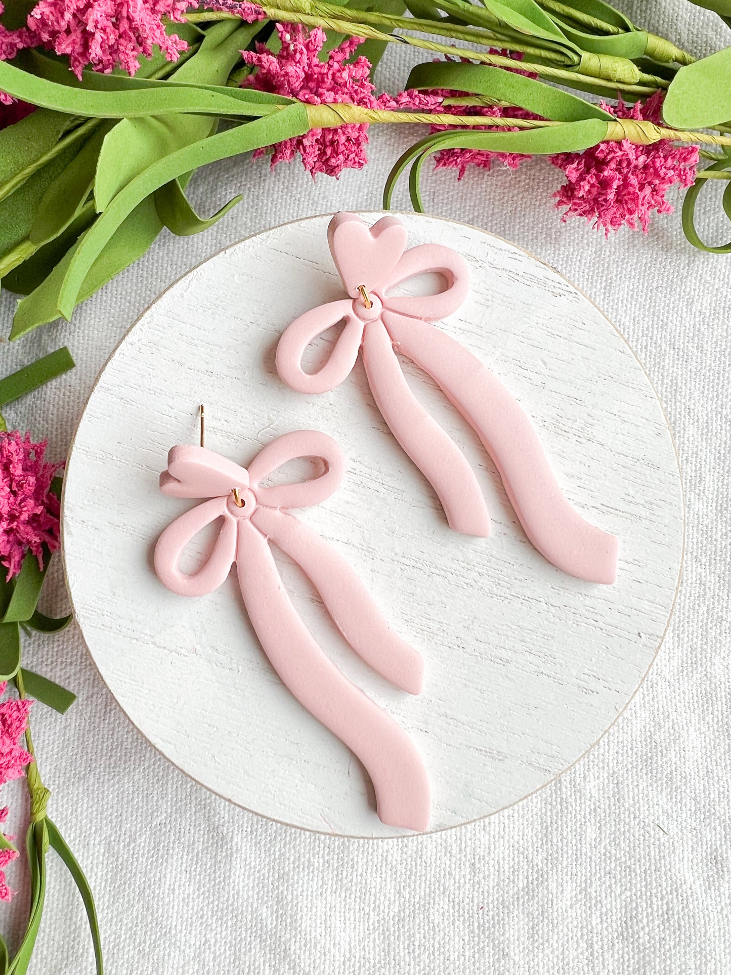 Soft Pink Ribbon Bow Polymer Clay Earrings