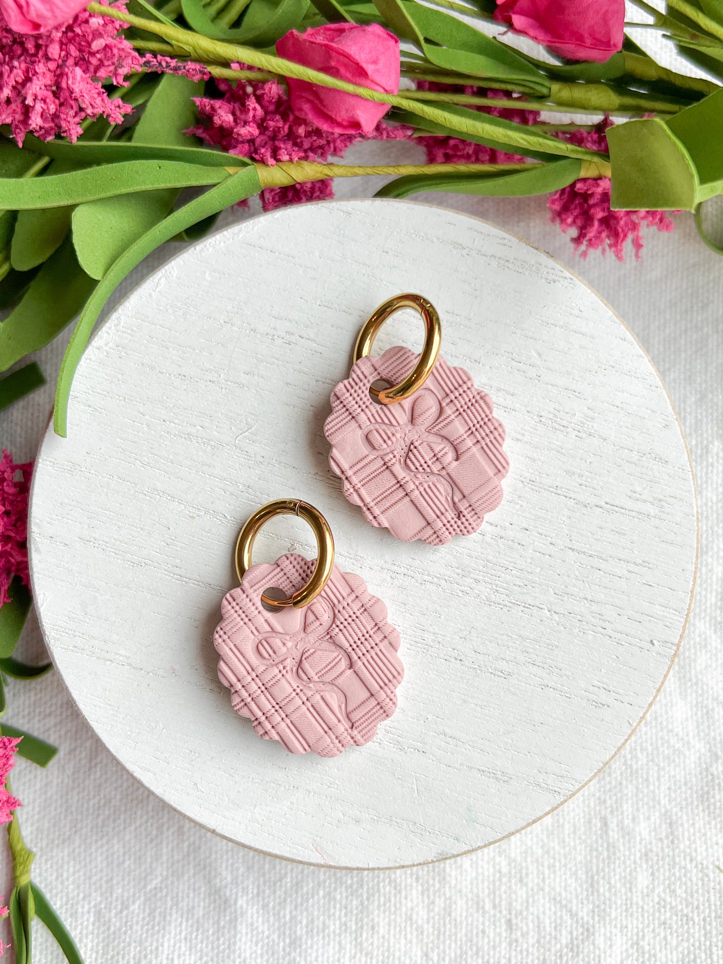 Mauve Tartan Textured Ribbon Embossed Polymer Clay Earrings