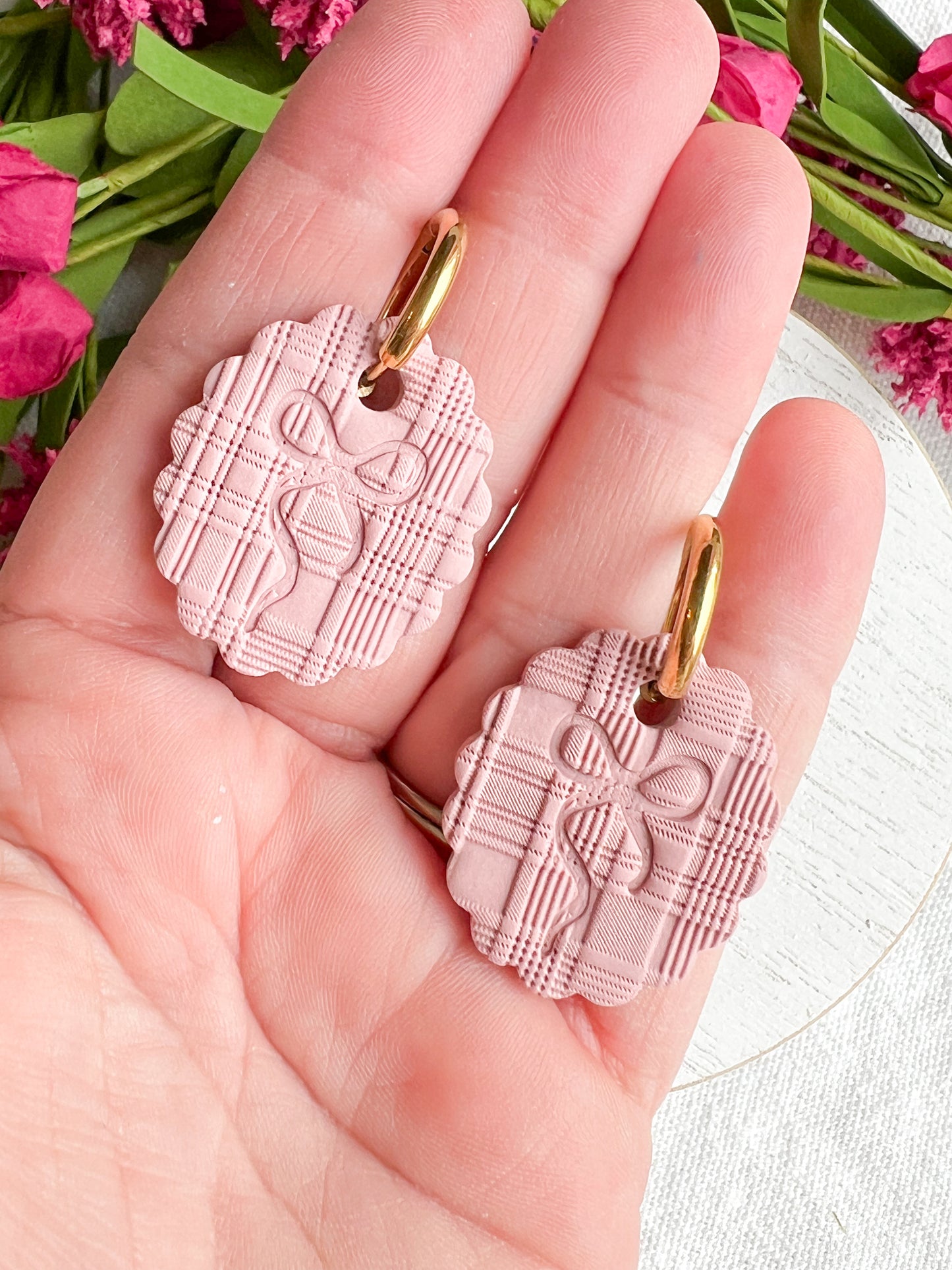 Mauve Tartan Textured Ribbon Embossed Polymer Clay Earrings