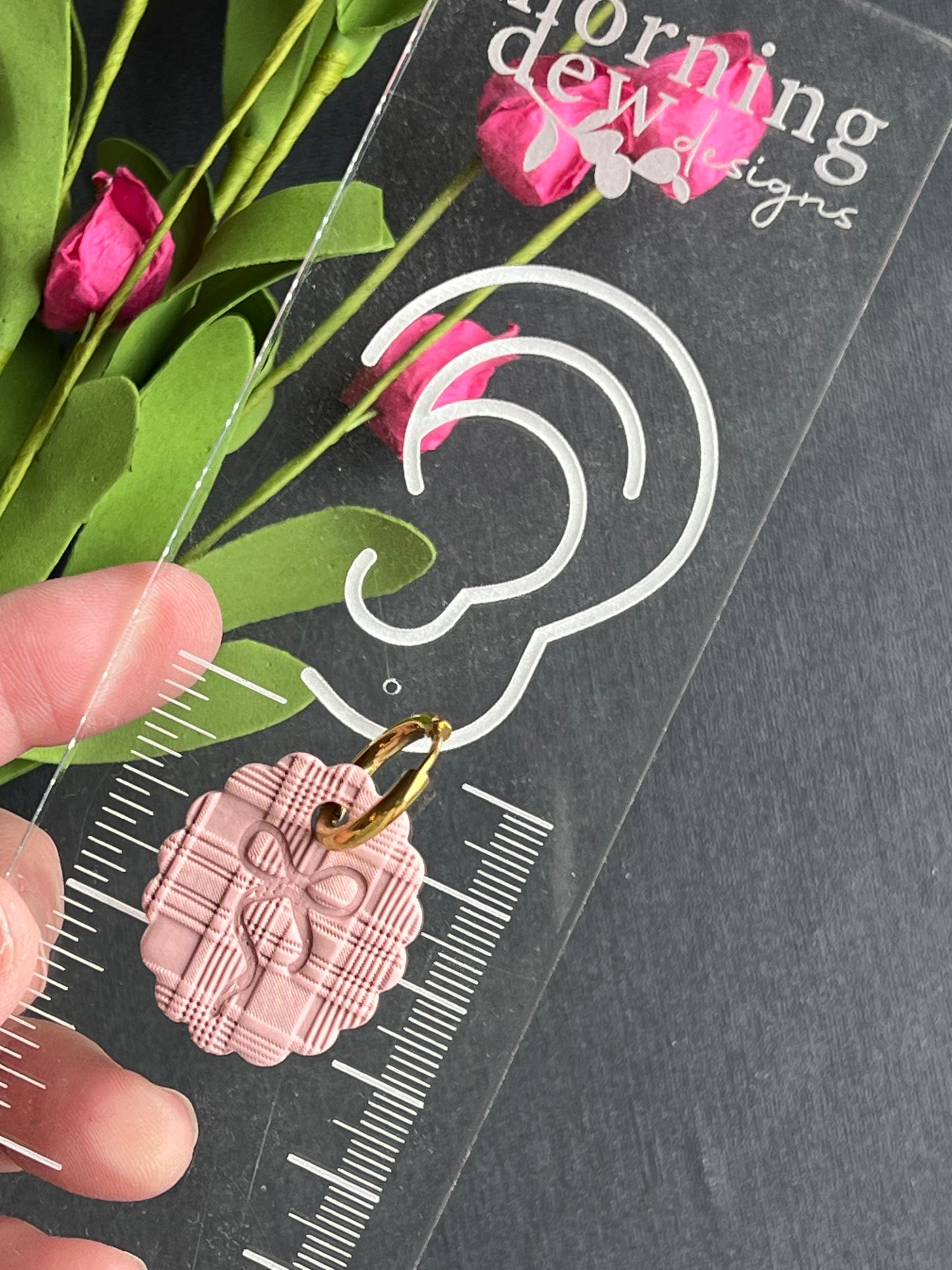 Mauve Tartan Textured Ribbon Embossed Polymer Clay Earrings