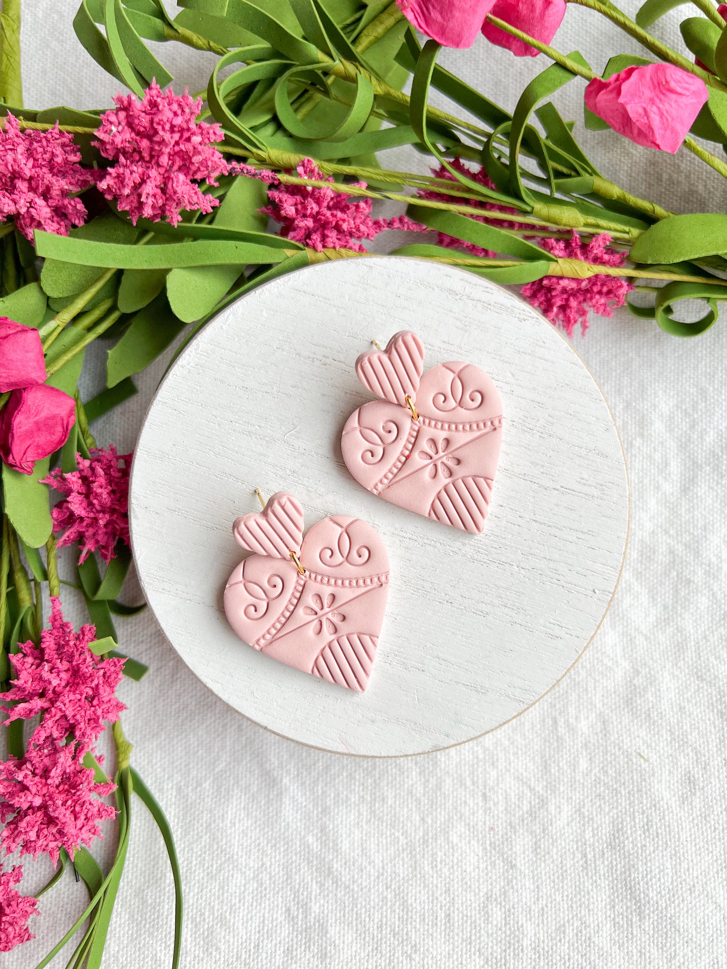 Blush Pink Charleston Inspired Textured Heart Polymer Clay Earrings