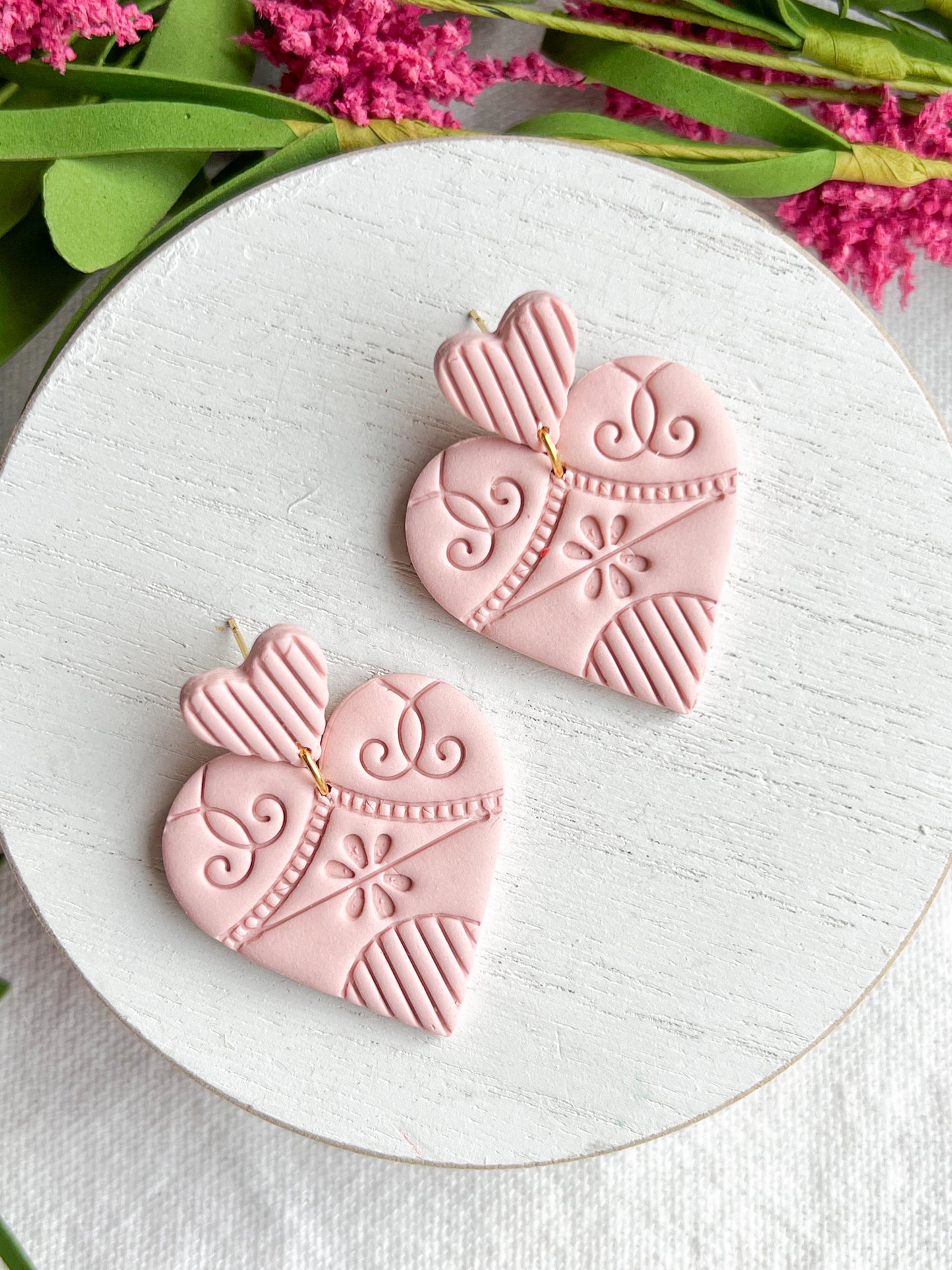 Blush Pink Charleston Inspired Textured Heart Polymer Clay Earrings
