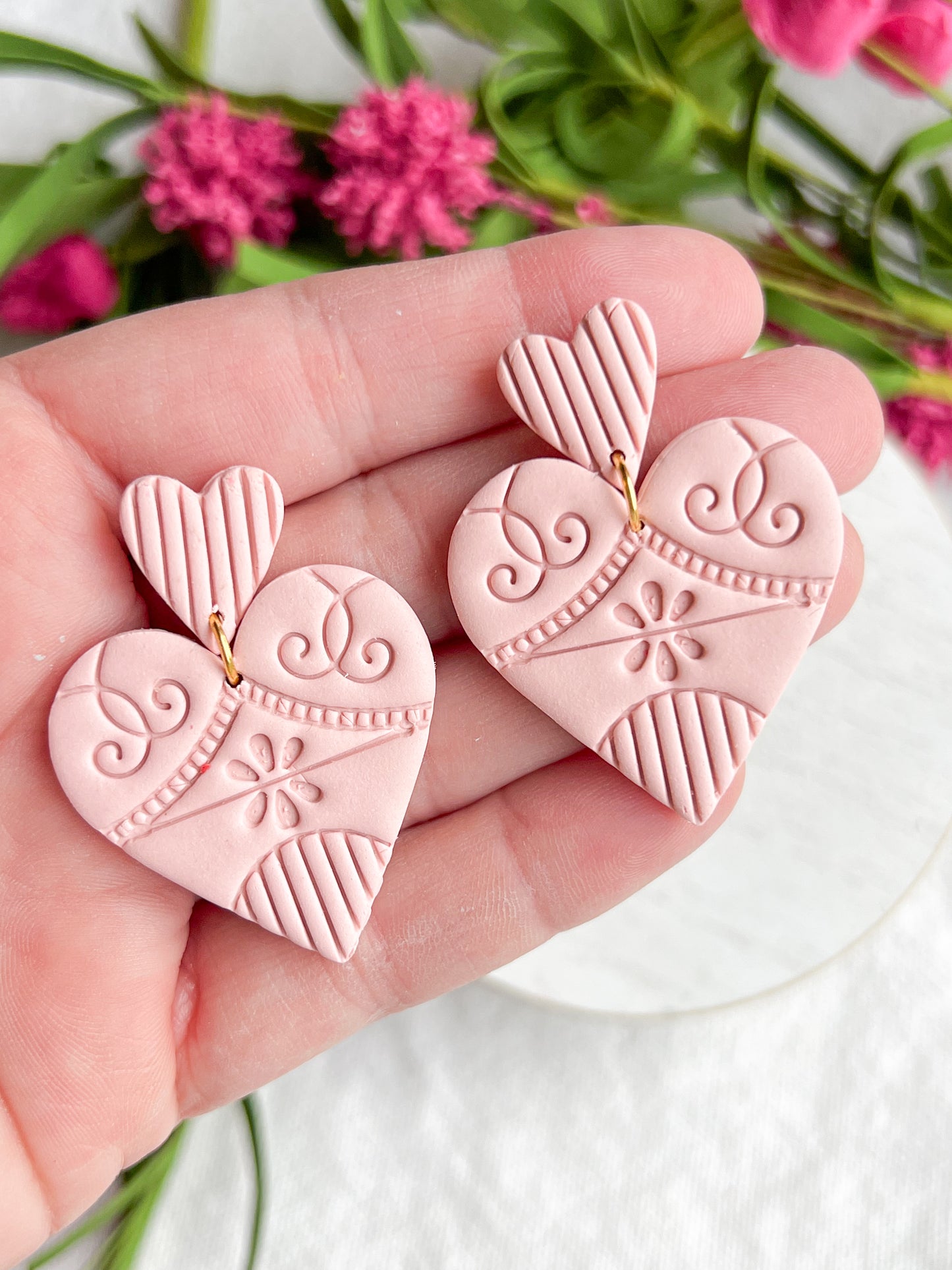 Blush Pink Charleston Inspired Textured Heart Polymer Clay Earrings