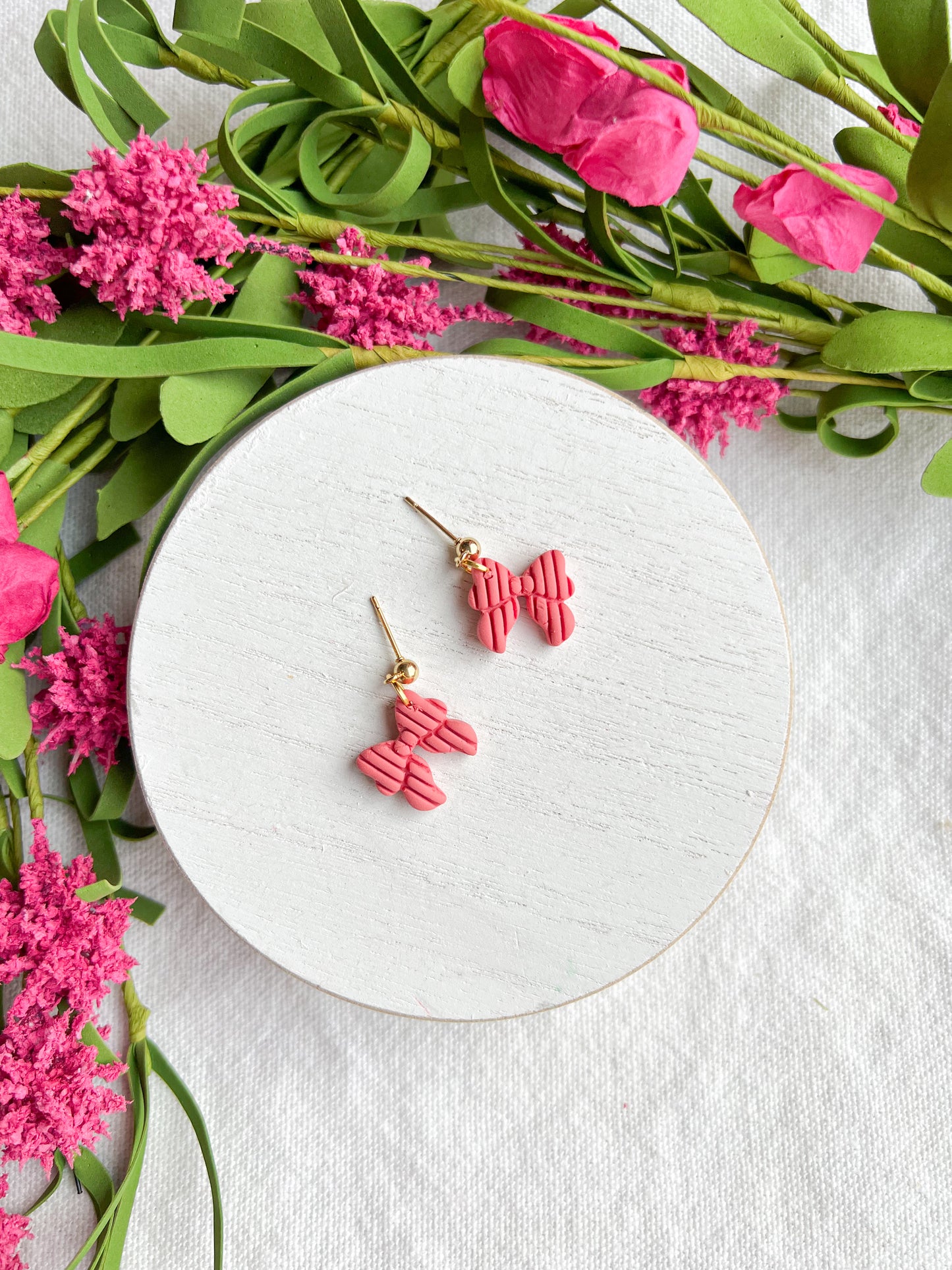 Pink Ribbed Coquette Bow Polymer Clay Earrings