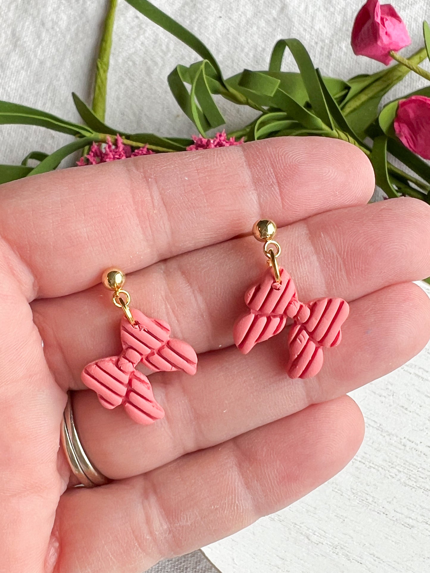 Pink Ribbed Coquette Bow Polymer Clay Earrings