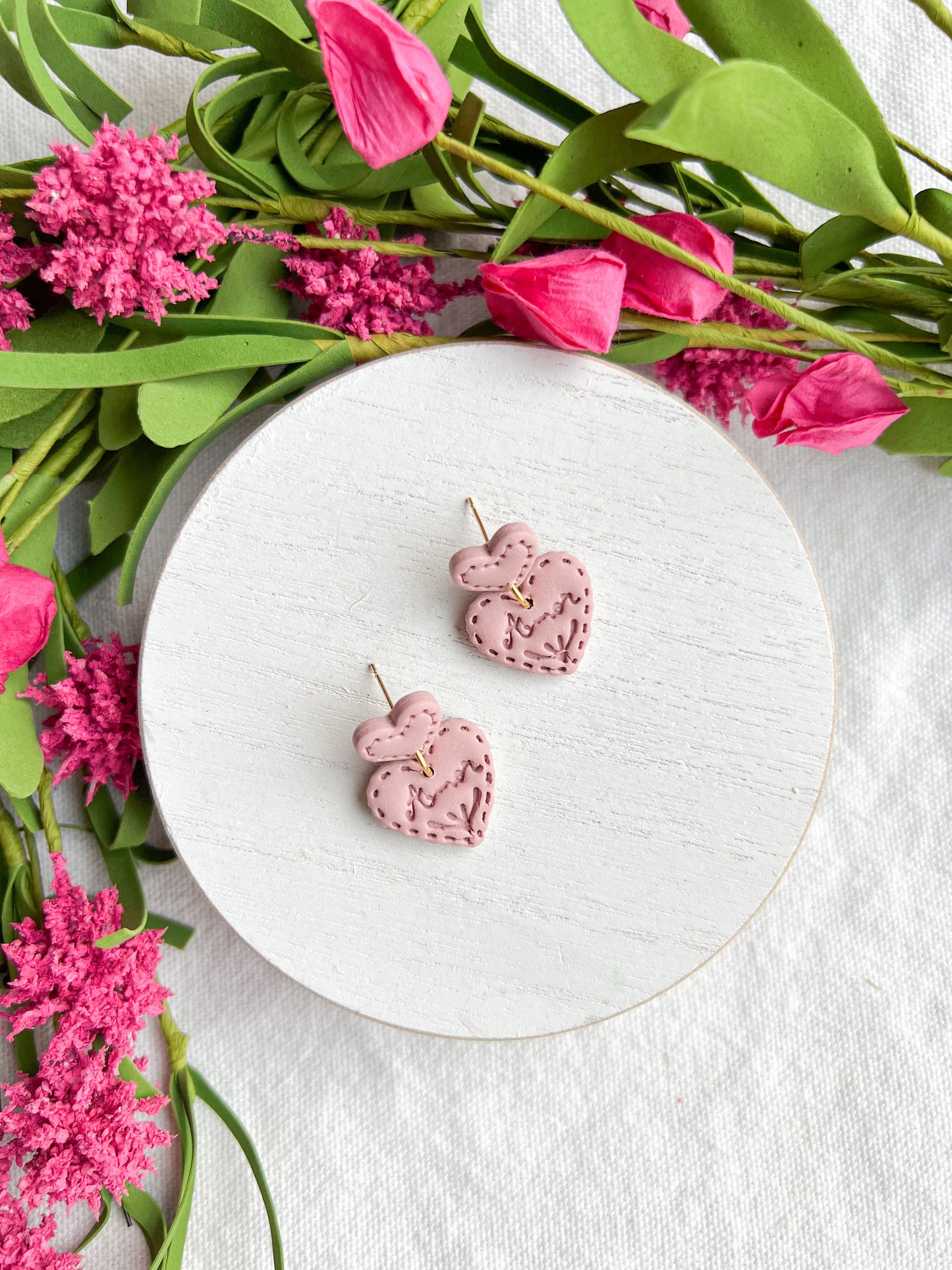 Pink Stitch Embroidered Heart Polymer Clay Earrings