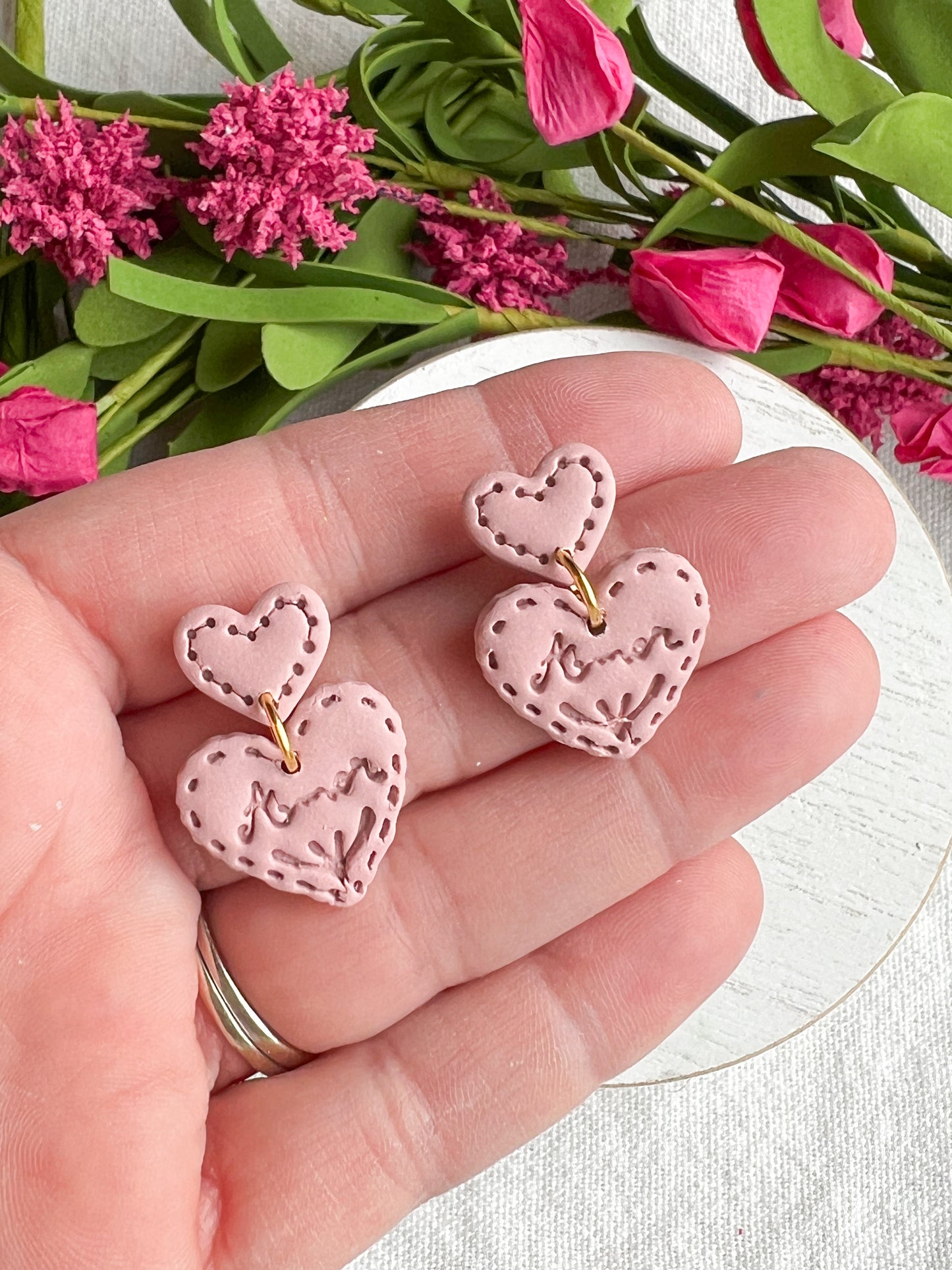Pink Stitch Embroidered Heart Polymer Clay Earrings