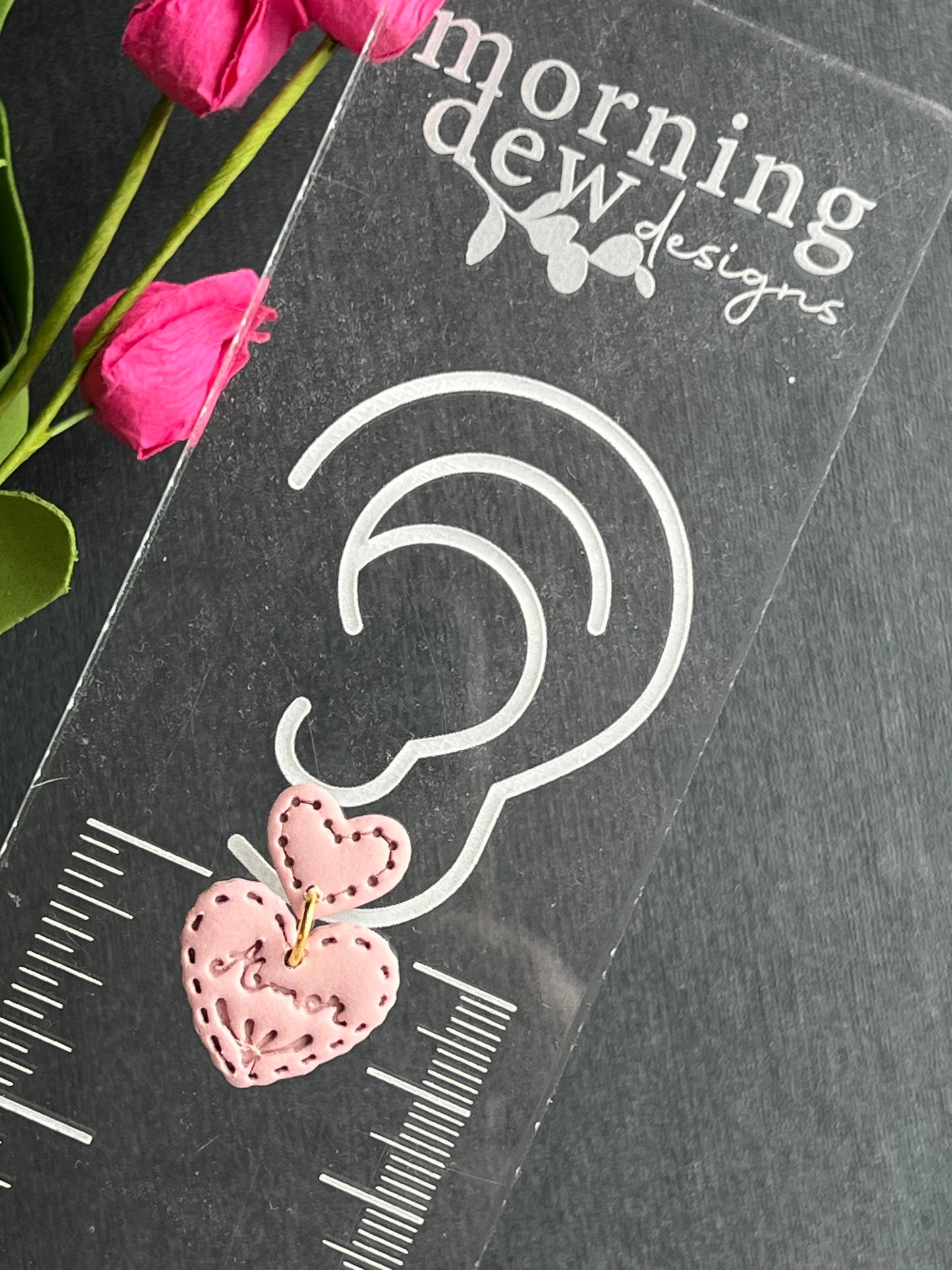 Pink Stitch Embroidered Heart Polymer Clay Earrings
