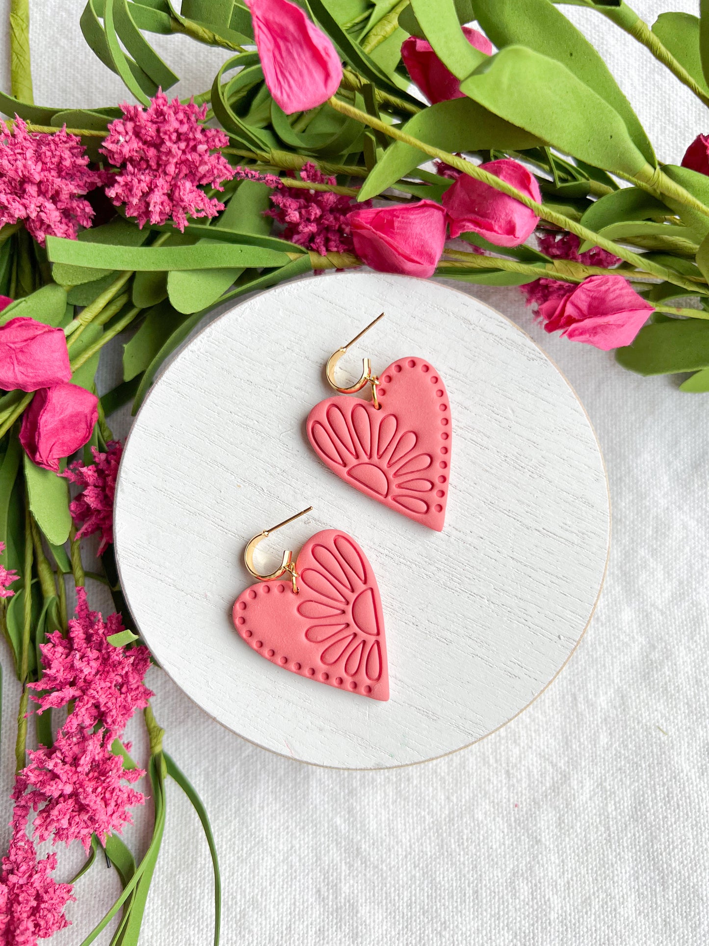 Tropical Pink Boho Flower Embossed Heart Polymer Clay Earrings