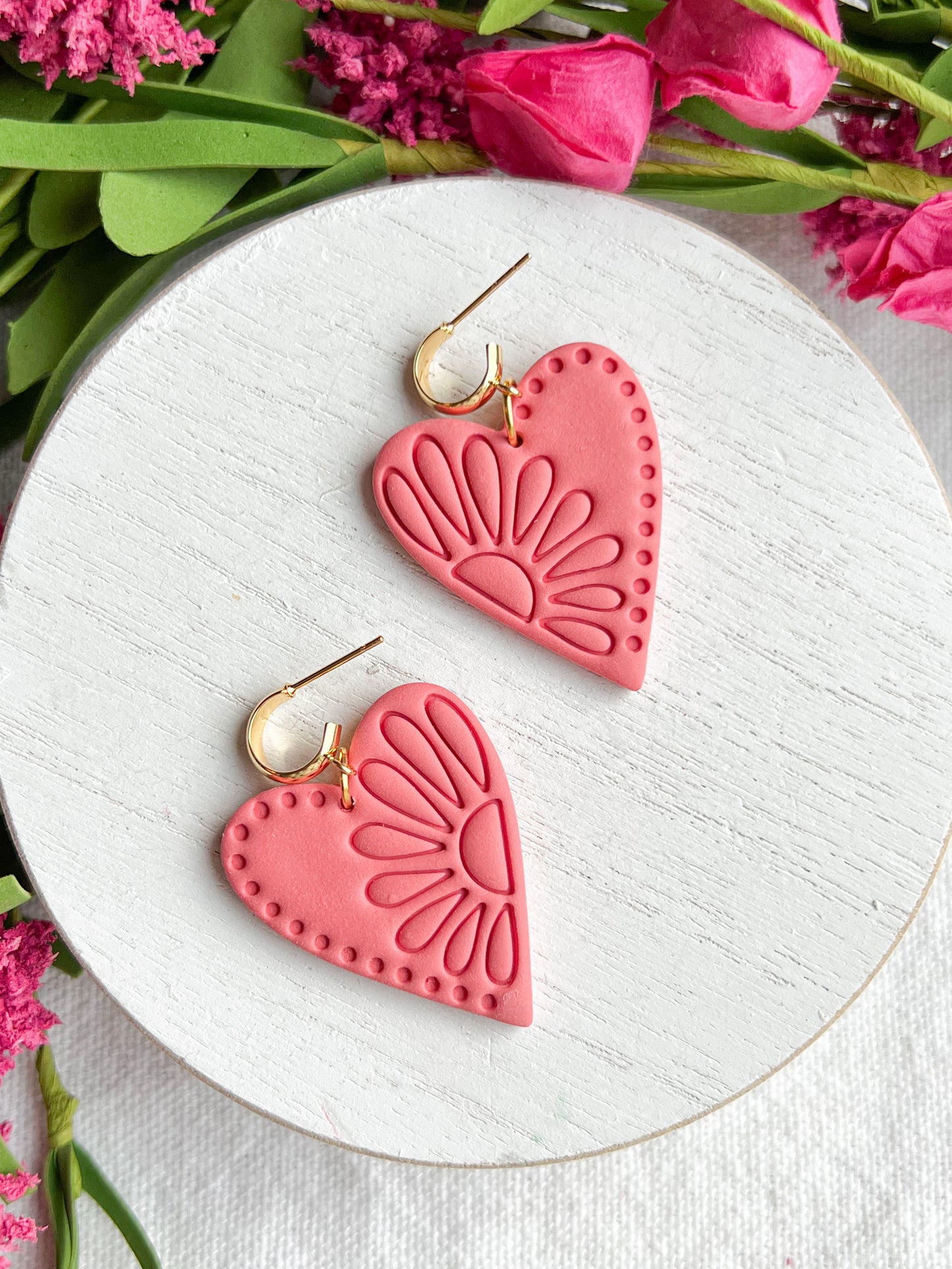 Tropical Pink Boho Flower Embossed Heart Polymer Clay Earrings