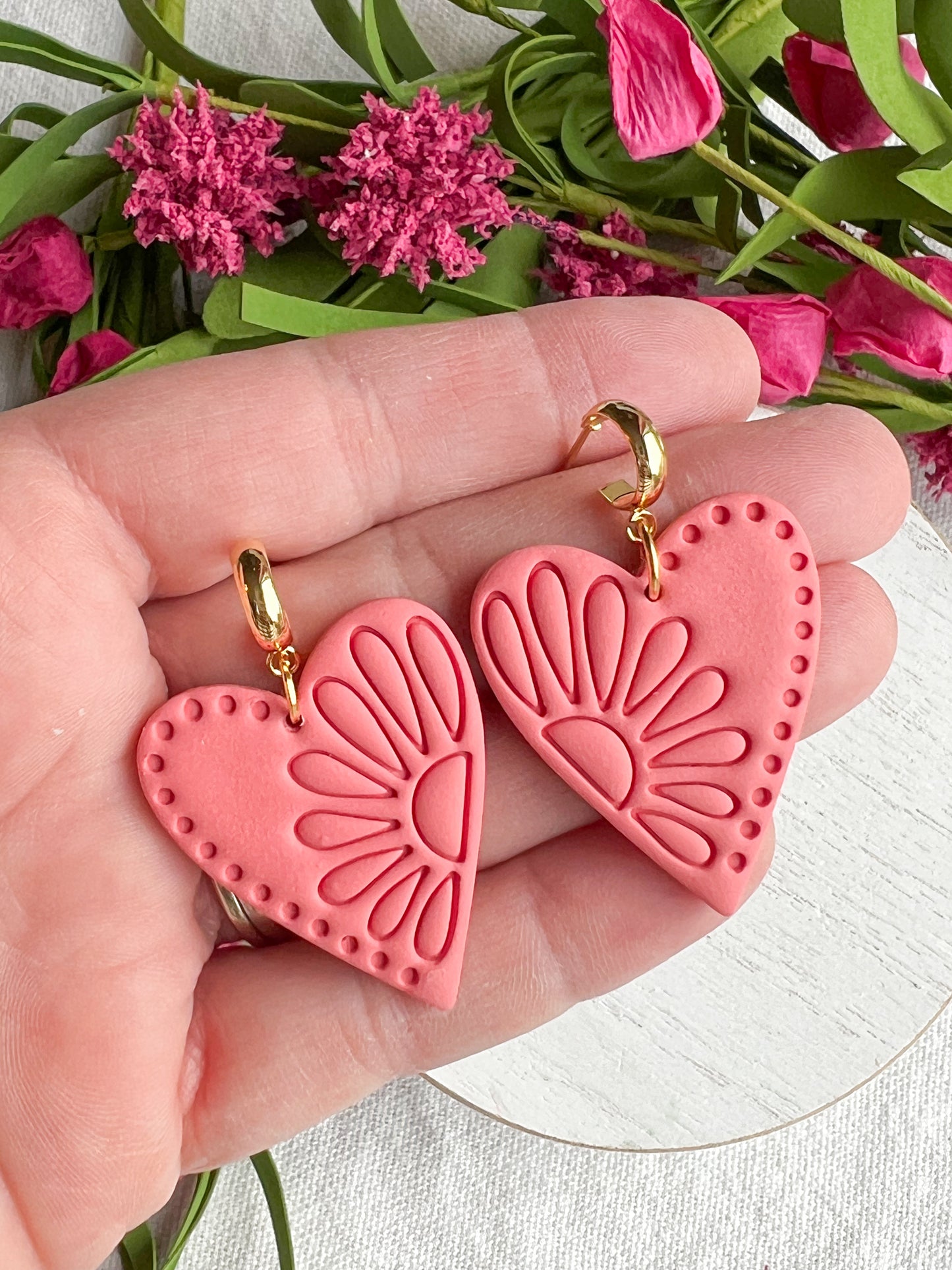 Tropical Pink Boho Flower Embossed Heart Polymer Clay Earrings