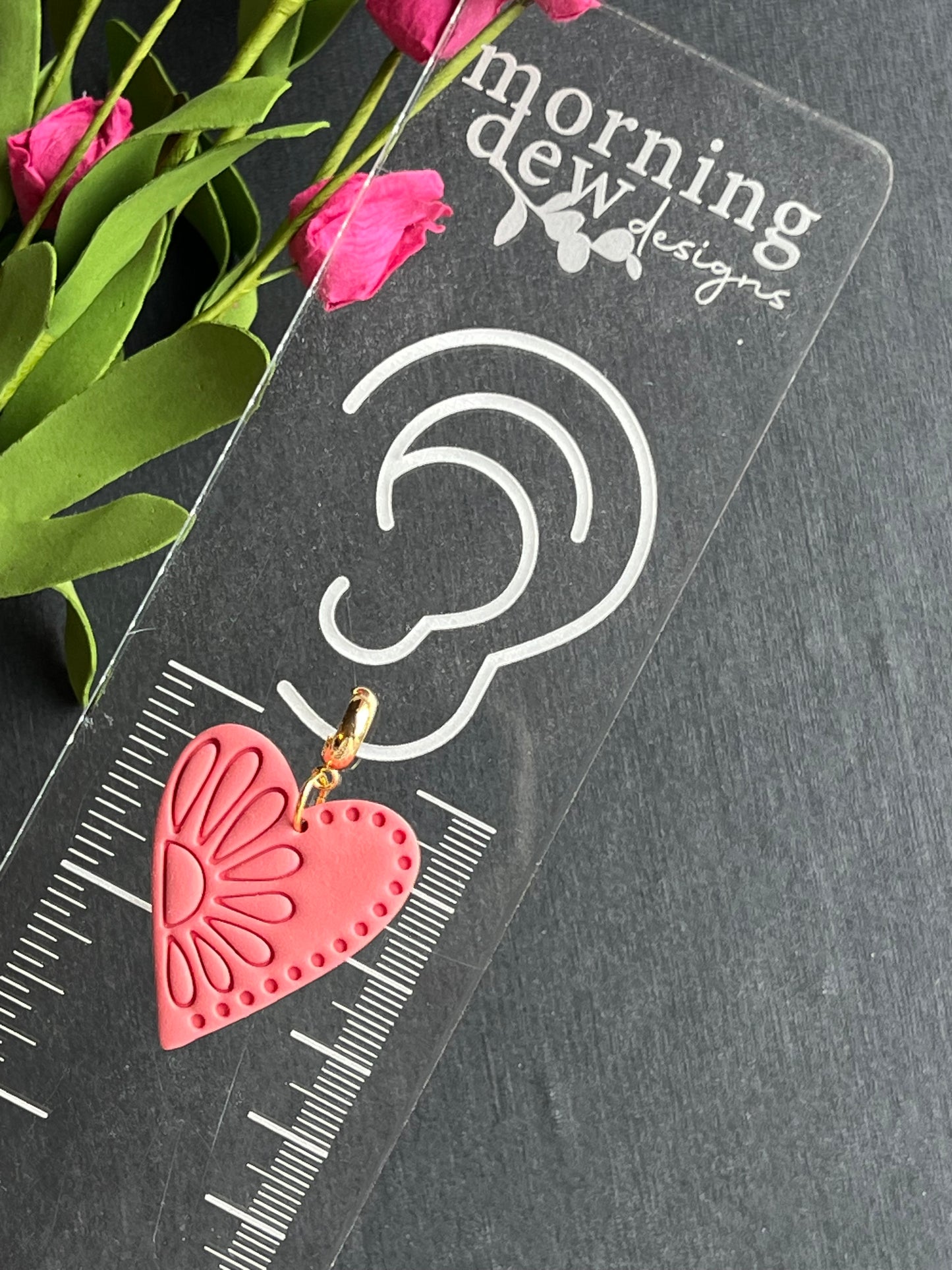 Tropical Pink Boho Flower Embossed Heart Polymer Clay Earrings