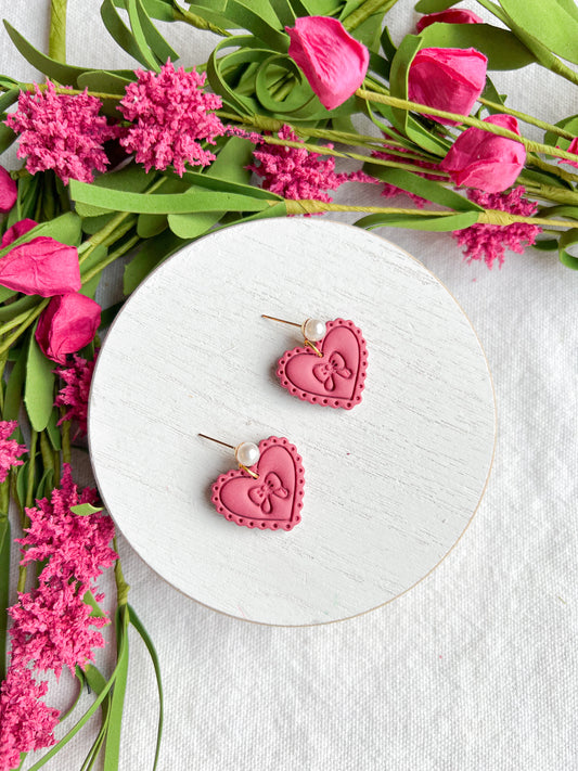 Pink Scalloped and Pearl Heart Polymer Clay Earrings
