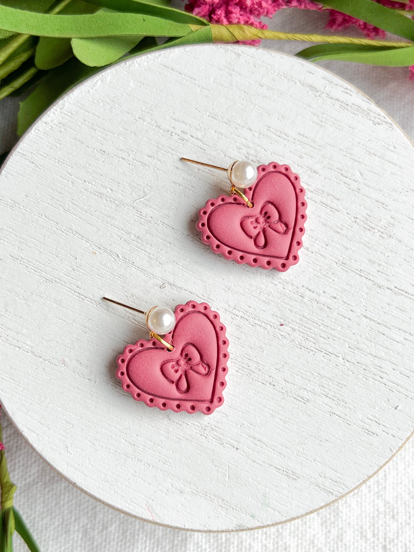 Pink Scalloped and Pearl Heart Polymer Clay Earrings