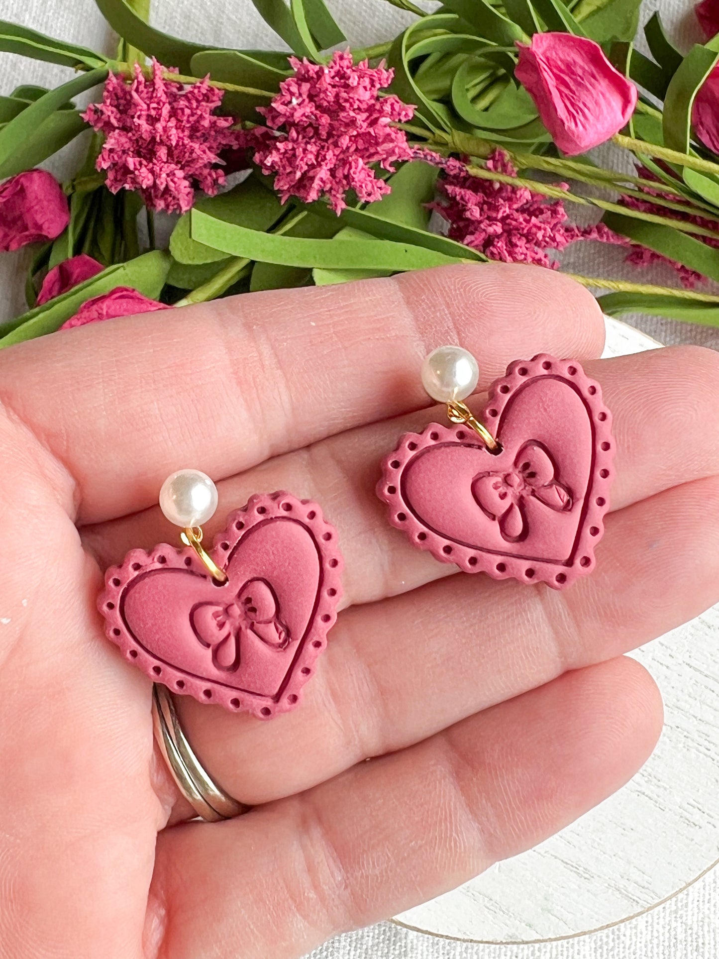 Pink Scalloped and Pearl Heart Polymer Clay Earrings