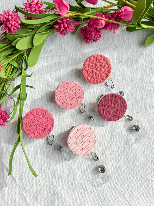 Pink Valentines Textured Polymer Clay Badges | Nurse and Teacher Retractable Badges