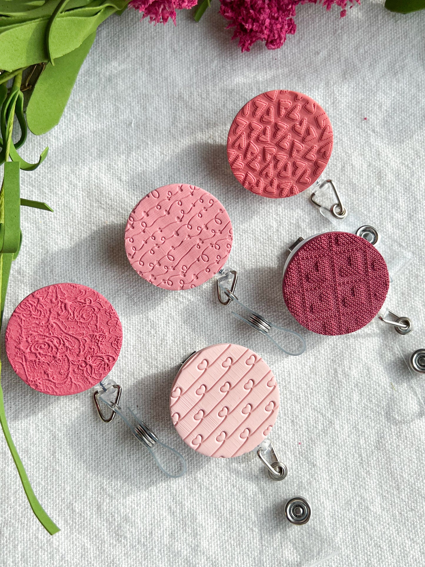 Pink Valentines Textured Polymer Clay Badges | Nurse and Teacher Retractable Badges