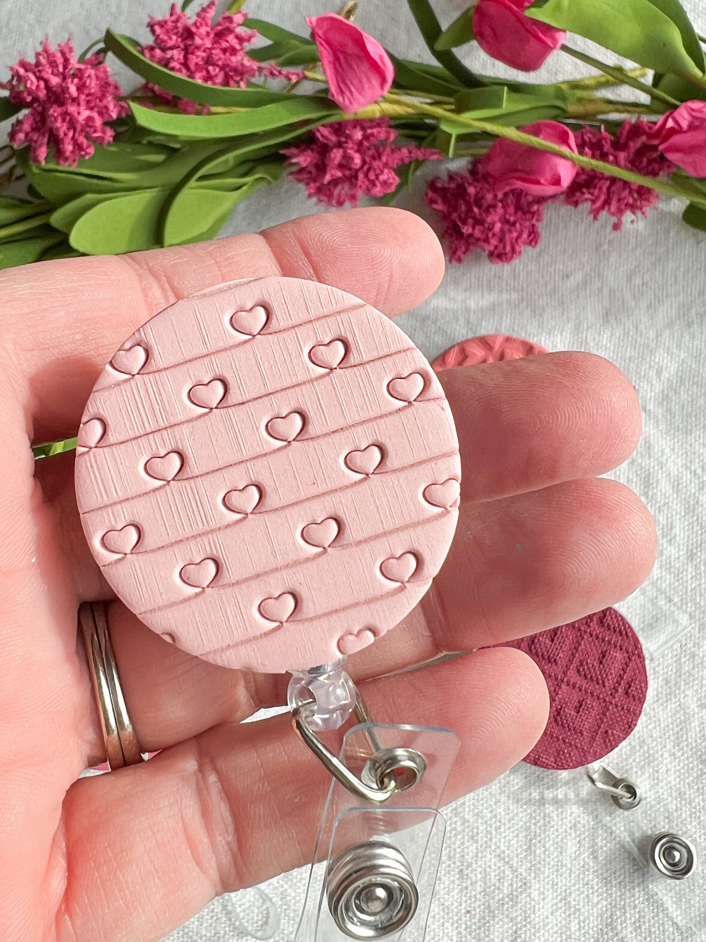 Pink Valentines Textured Polymer Clay Badges | Nurse and Teacher Retractable Badges