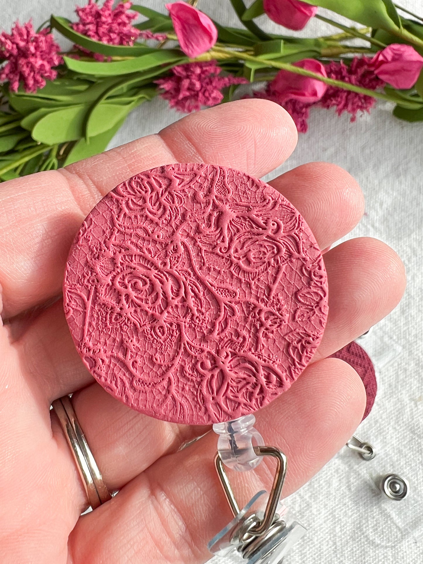 Pink Valentines Textured Polymer Clay Badges | Nurse and Teacher Retractable Badges
