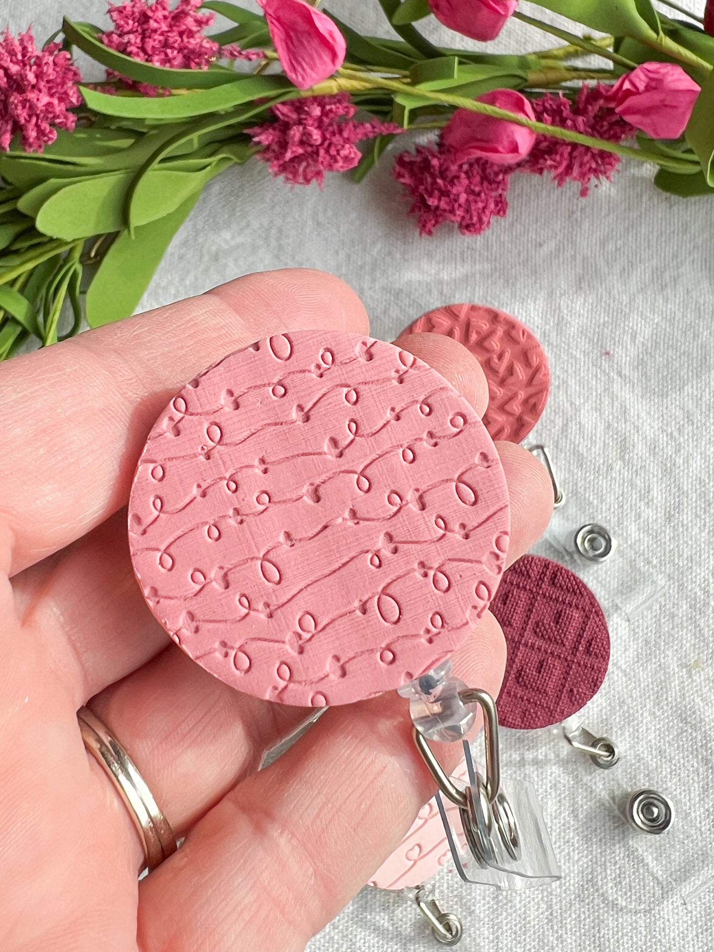 Pink Valentines Textured Polymer Clay Badges | Nurse and Teacher Retractable Badges