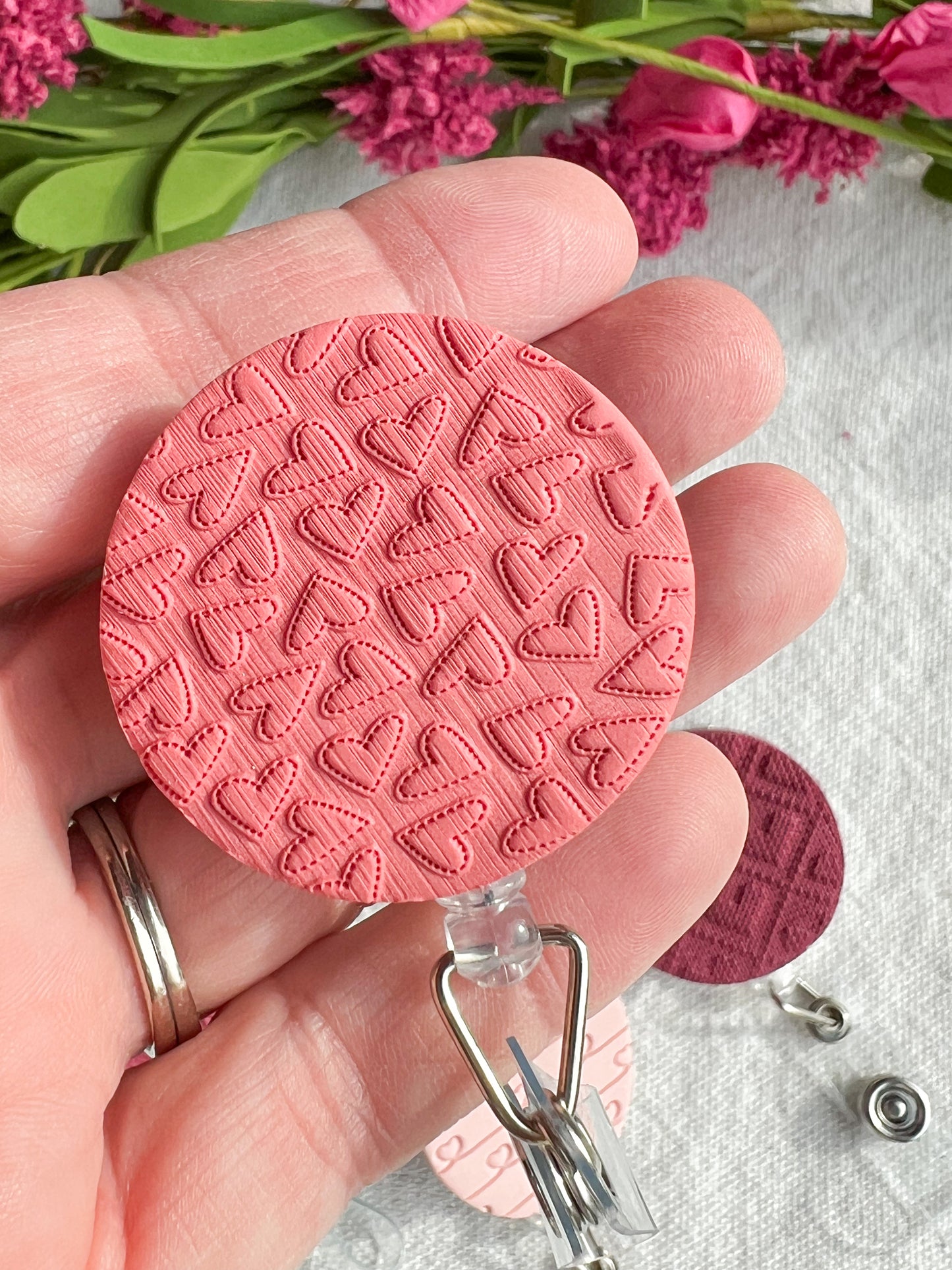 Pink Valentines Textured Polymer Clay Badges | Nurse and Teacher Retractable Badges