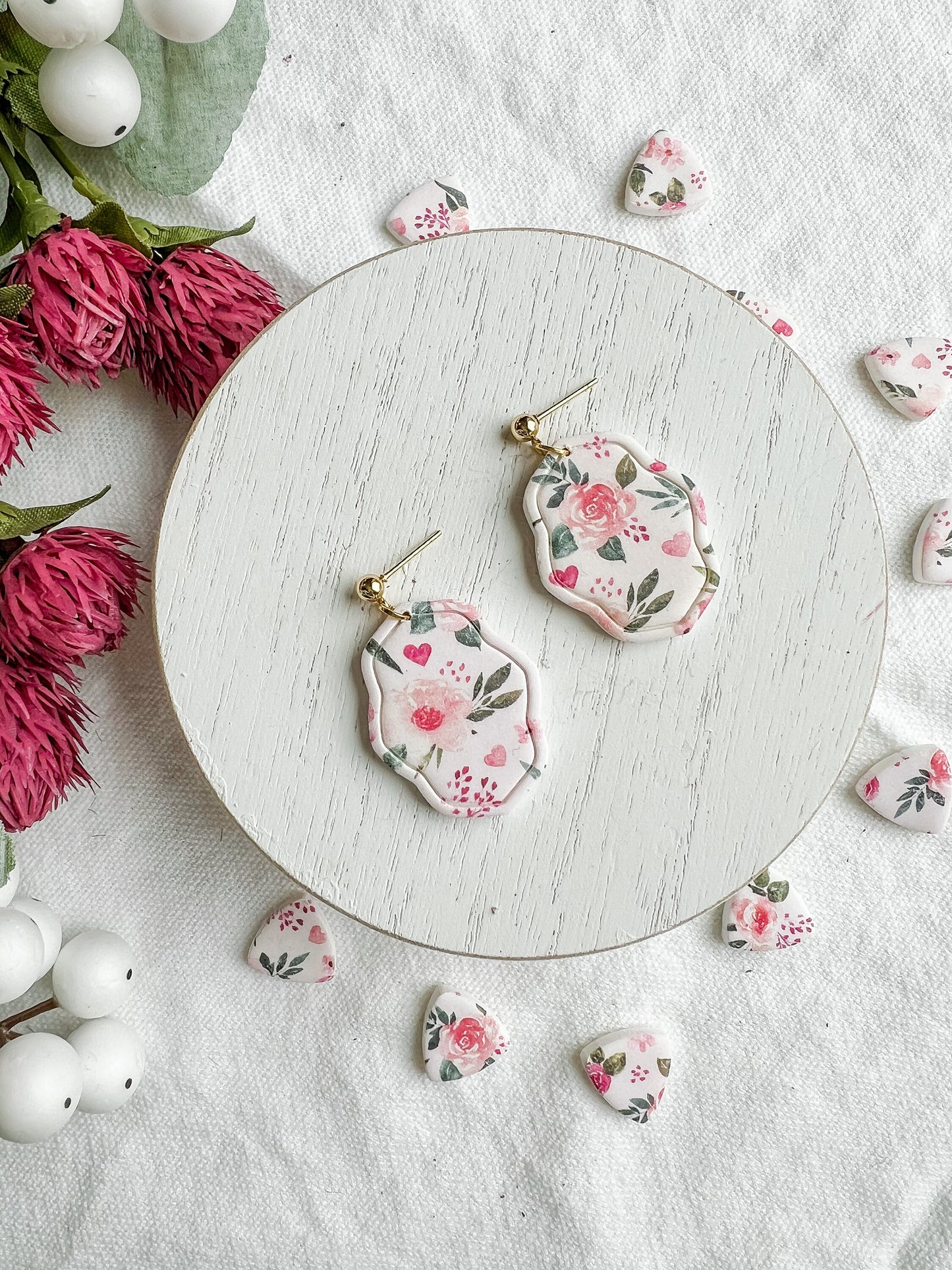 Pink Vintage Floral Oval Dangles