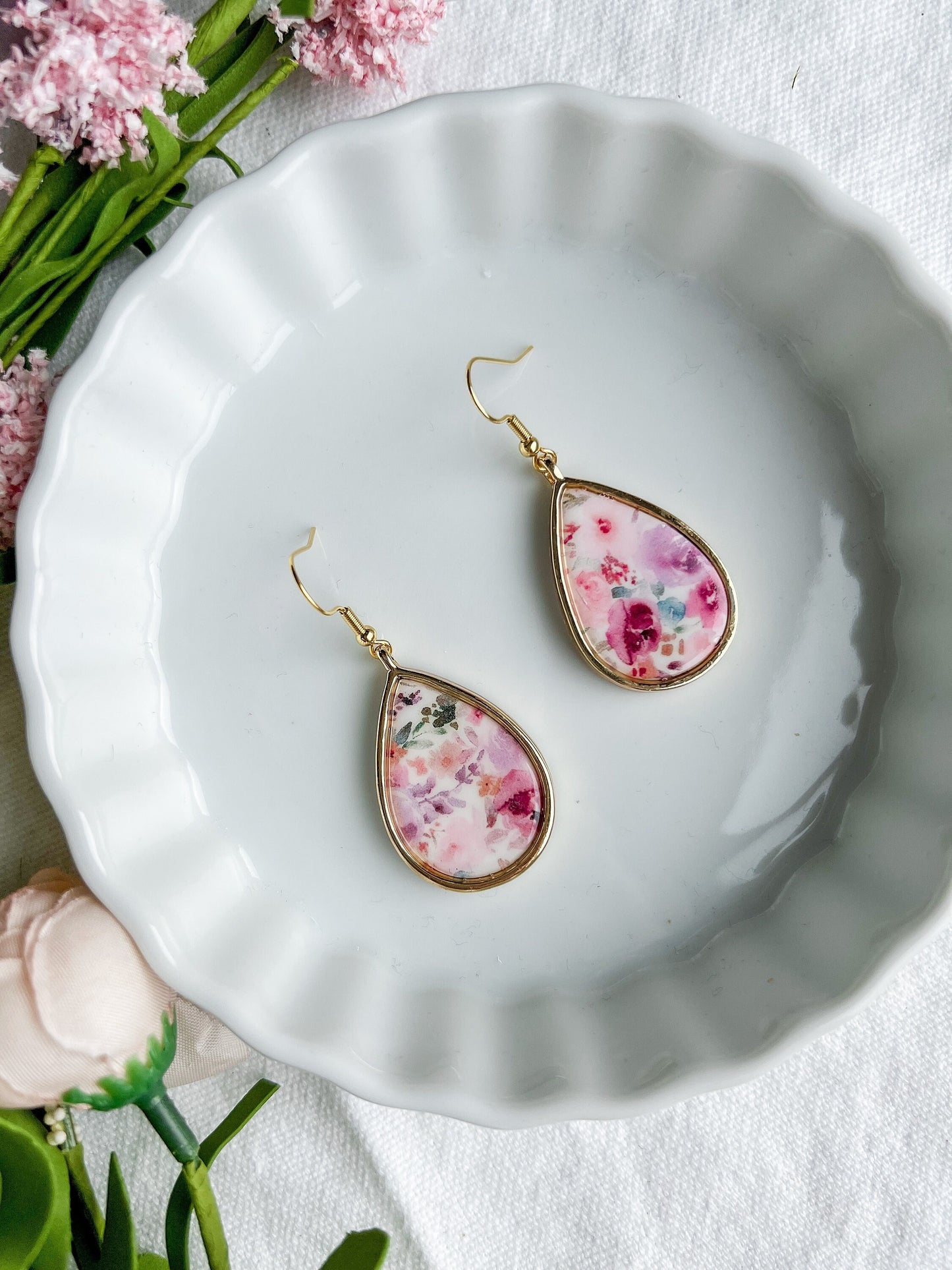 Pink Vintage Floral and Gold Teardrop Dangles