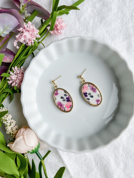 Purple Vintage Floral and Gold Oval Dangles