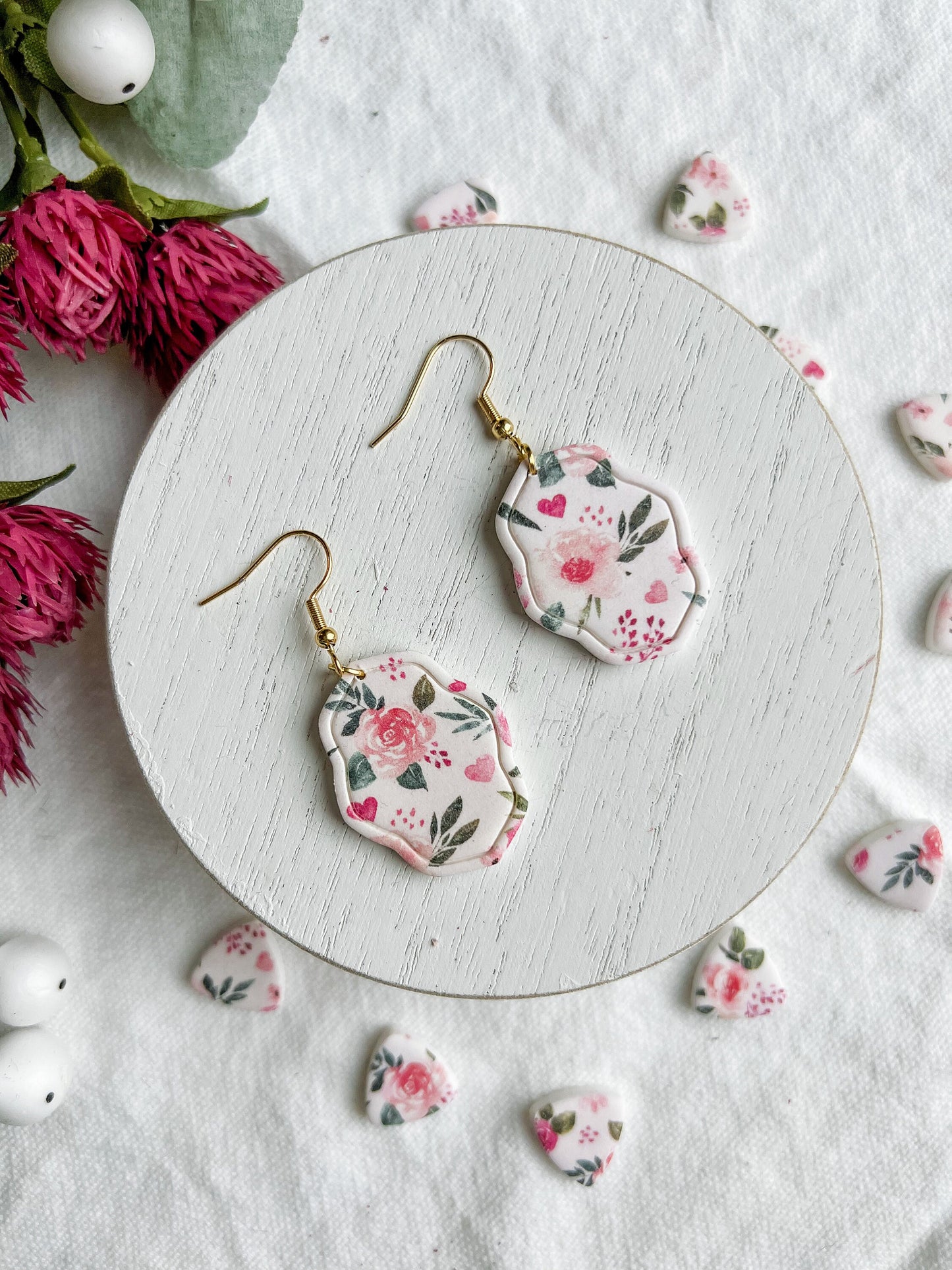 Pink Vintage Floral Oval Dangles