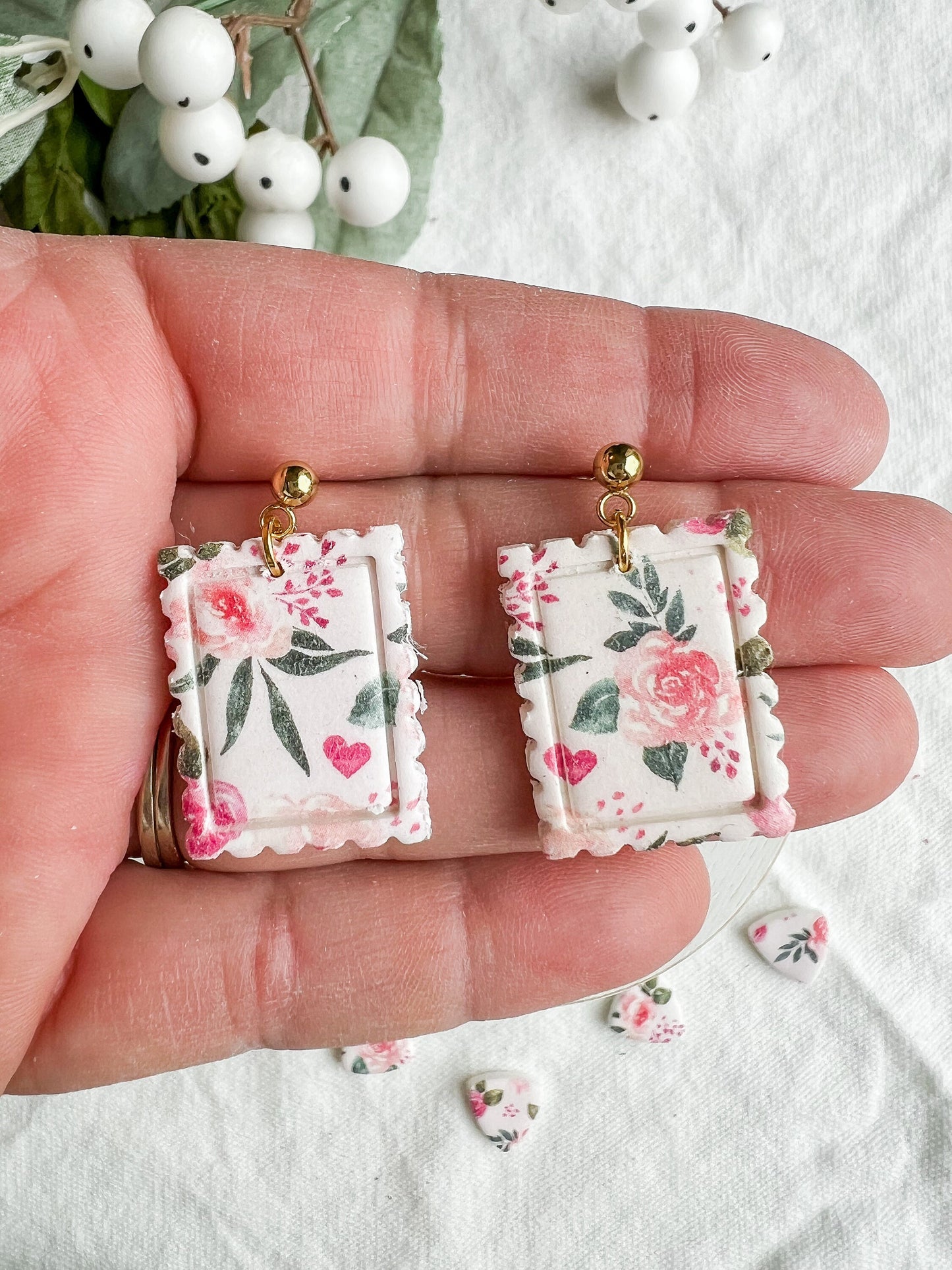 Pink Vintage Floral Postage Stamp Dangles