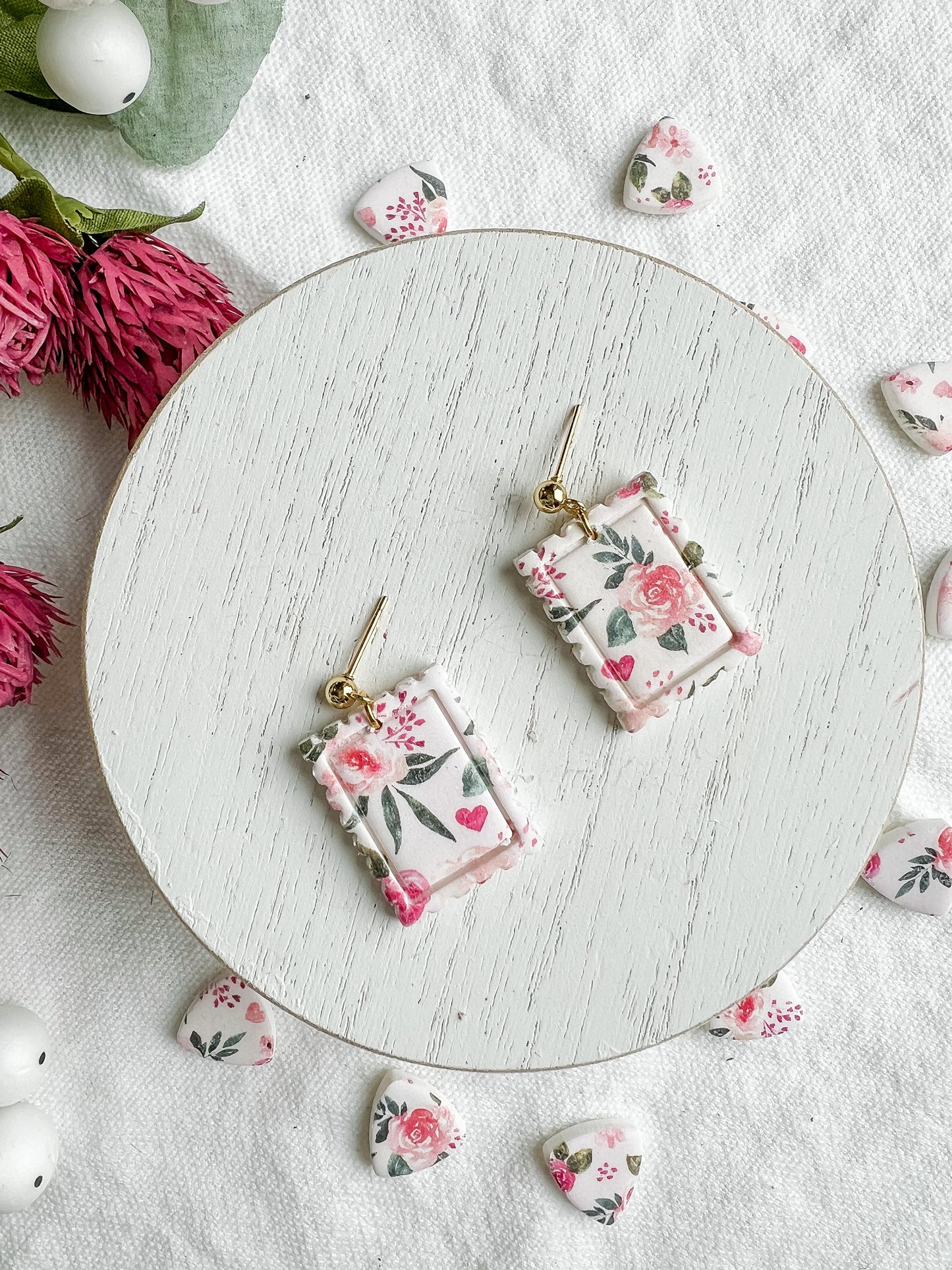 Pink Vintage Floral Postage Stamp Dangles