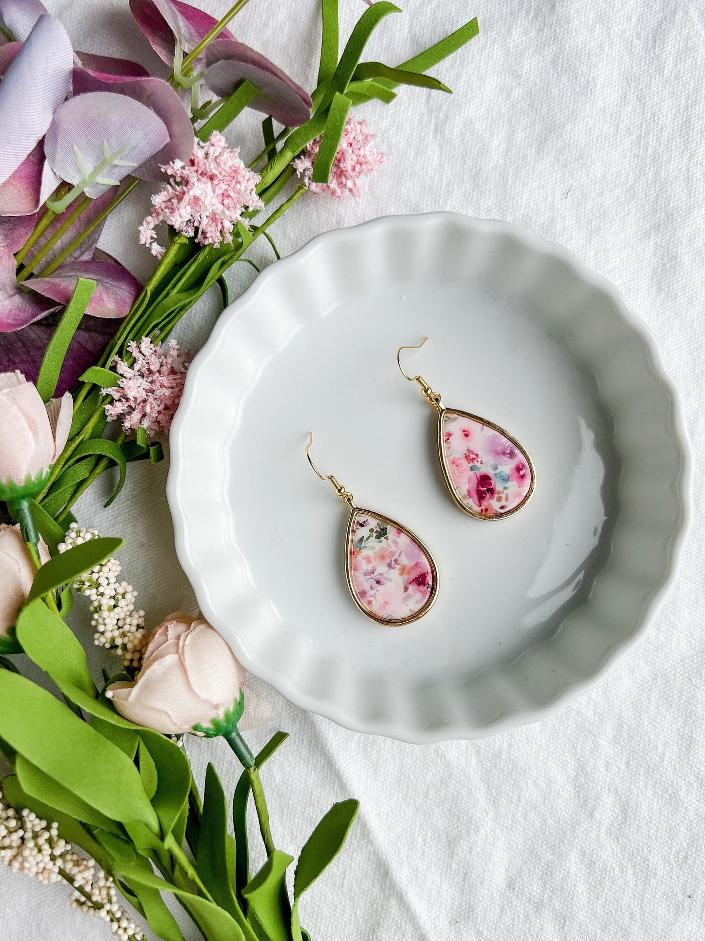 Pink Vintage Floral and Gold Teardrop Dangles