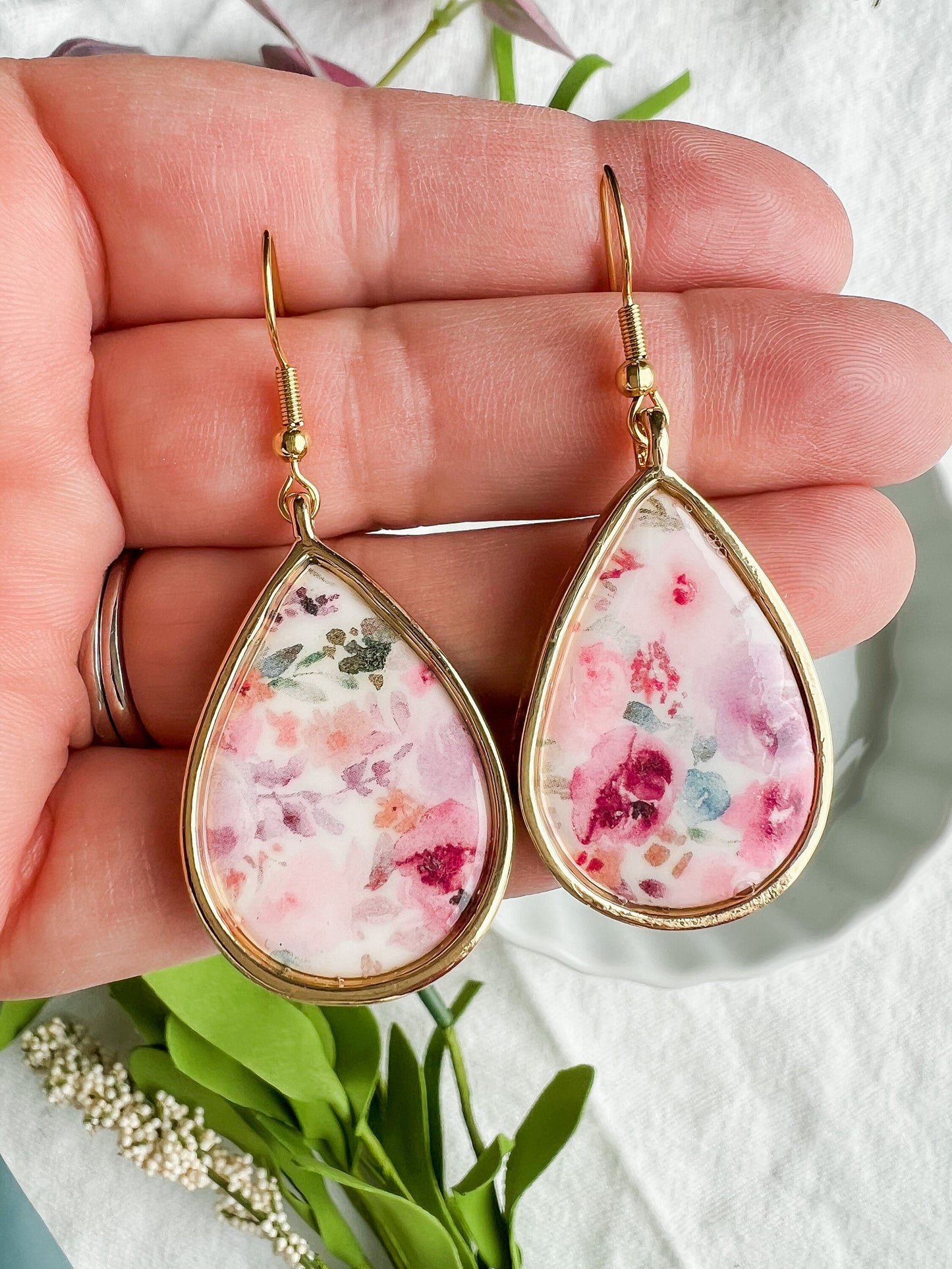 Pink Vintage Floral and Gold Teardrop Dangles