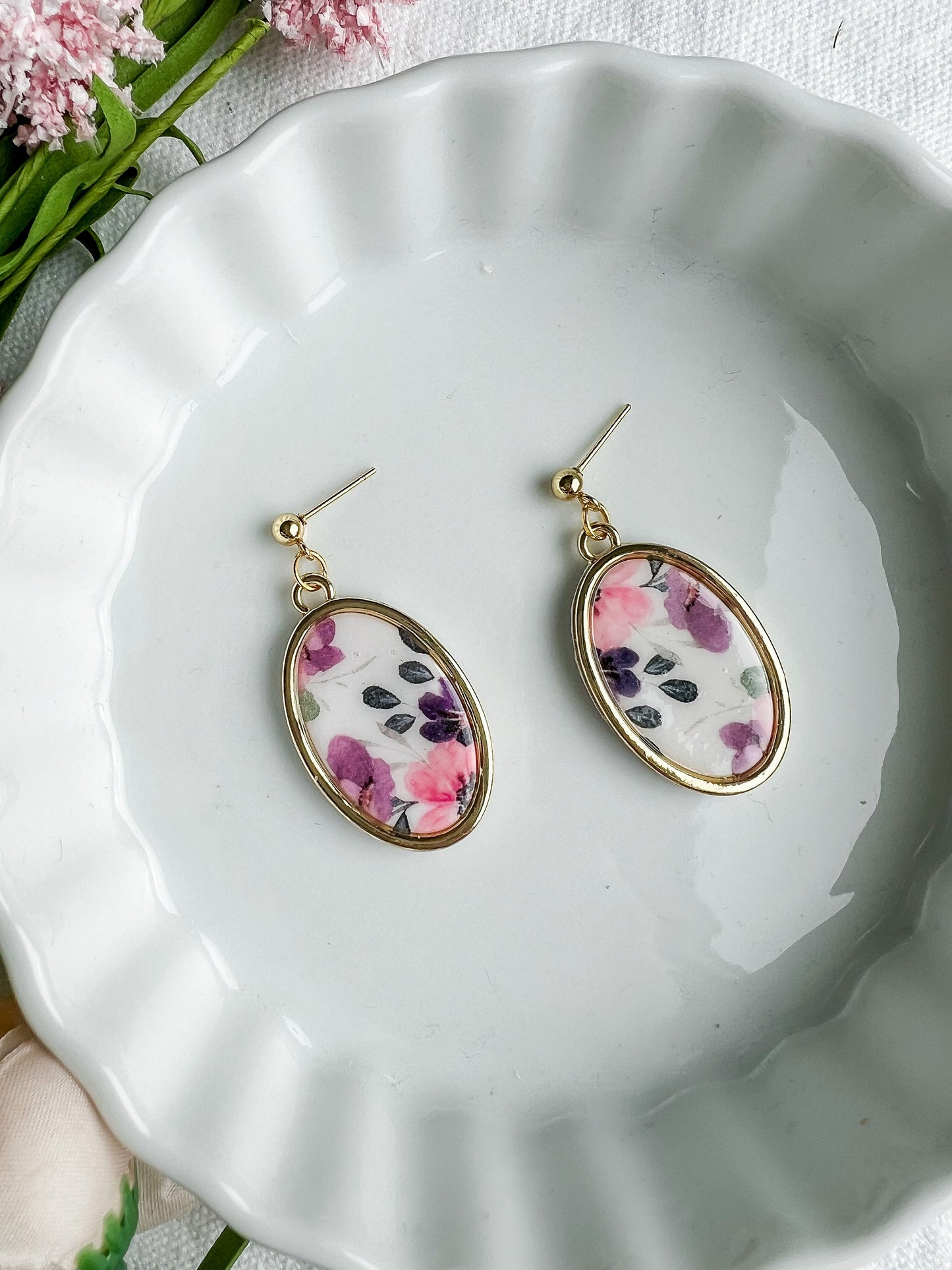 Purple Vintage Floral and Gold Oval Dangles