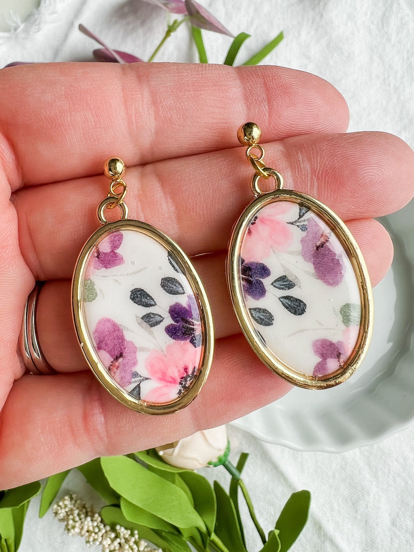 Purple Vintage Floral and Gold Oval Dangles