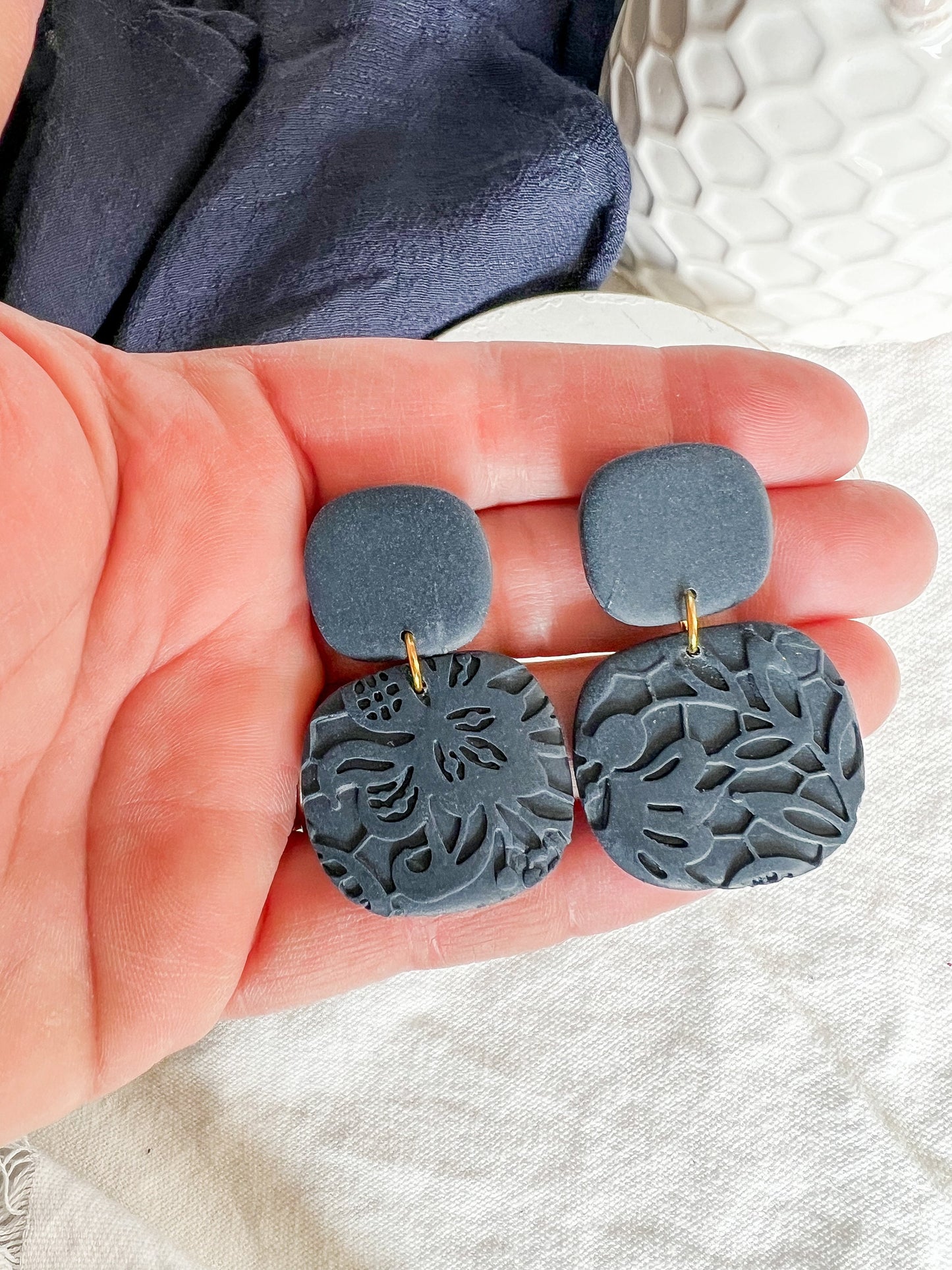 Navy Blue Lace Organic Square Polymer Clay Earrings