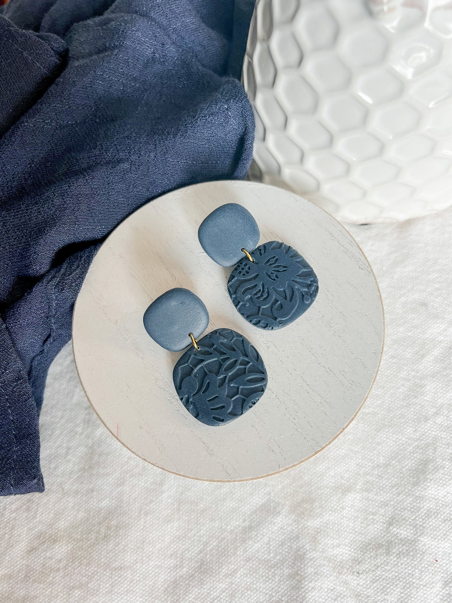 Navy Blue Lace Organic Square Polymer Clay Earrings