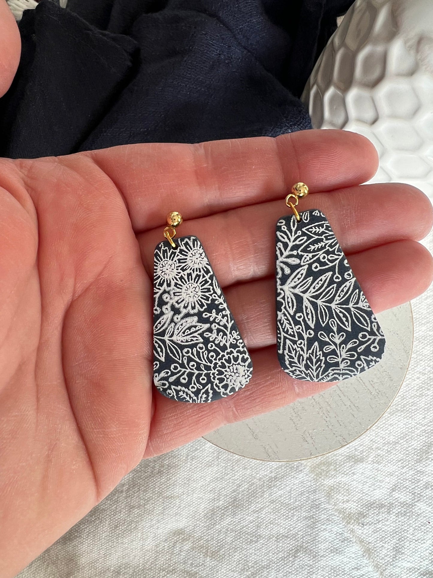 Navy Blue Botanical Teardrop Polymer Clay Earrings