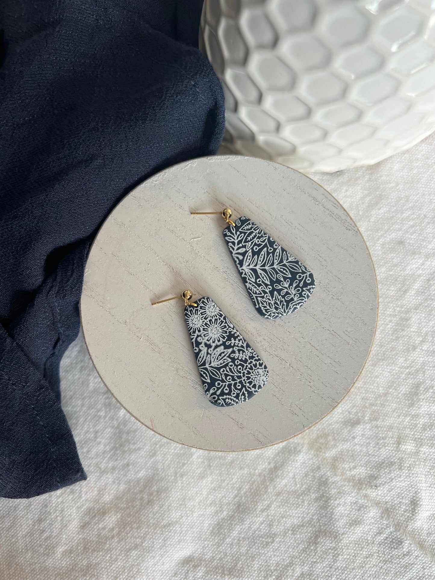 Navy Blue Botanical Teardrop Polymer Clay Earrings