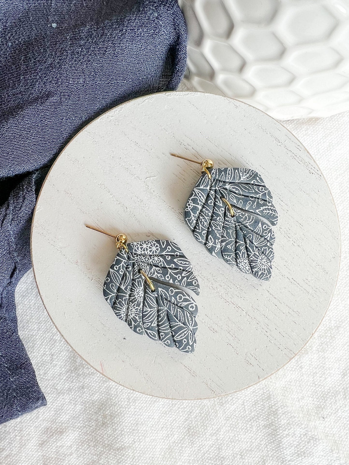 Navy Blue Botanical Foliage Polymer Clay Earrings