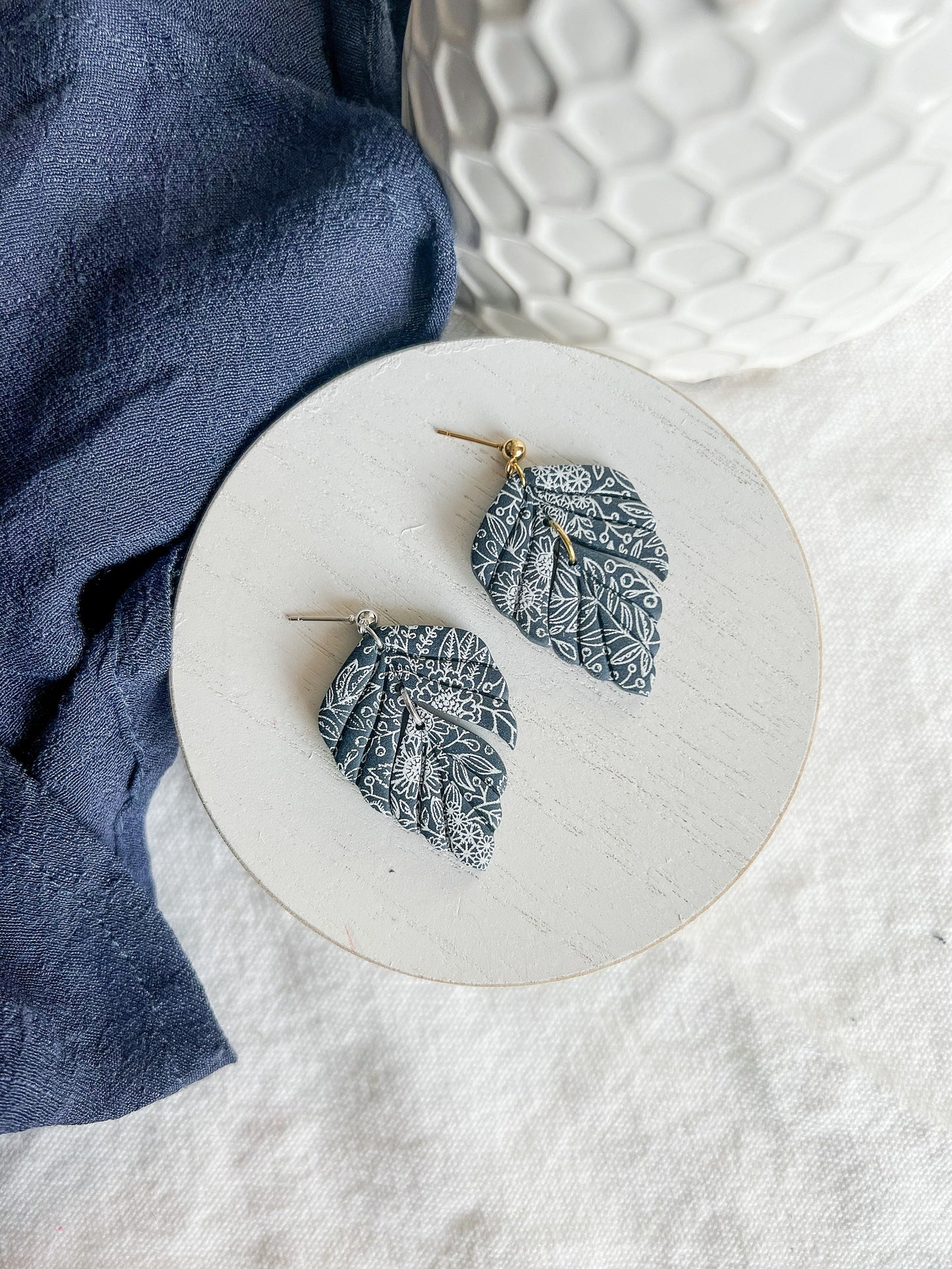 Navy Blue Botanical Foliage Polymer Clay Earrings