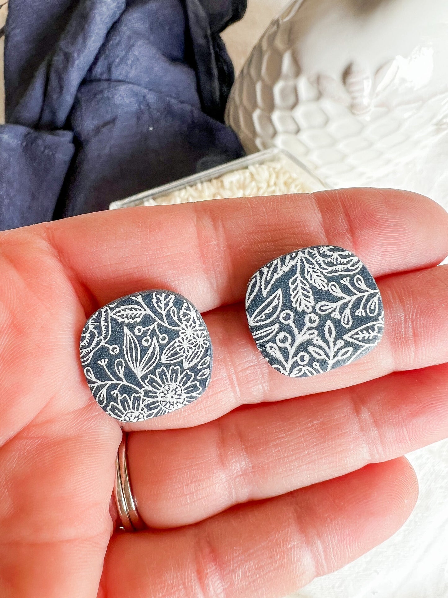 Navy Blue Botanical Polymer Clay Studs