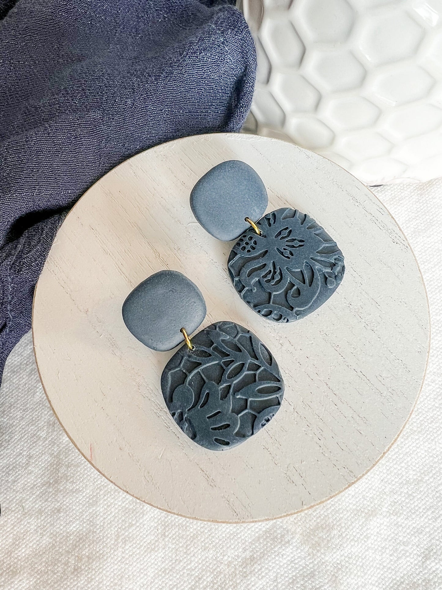 Navy Blue Lace Organic Square Polymer Clay Earrings