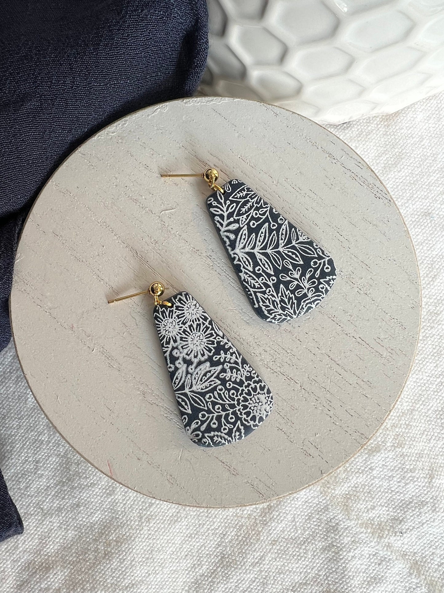 Navy Blue Botanical Teardrop Polymer Clay Earrings