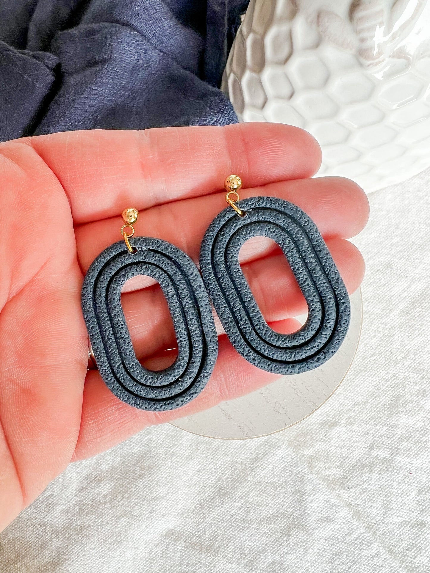 Navy Blue Embossed Oval Polymer Clay Textured Earrings